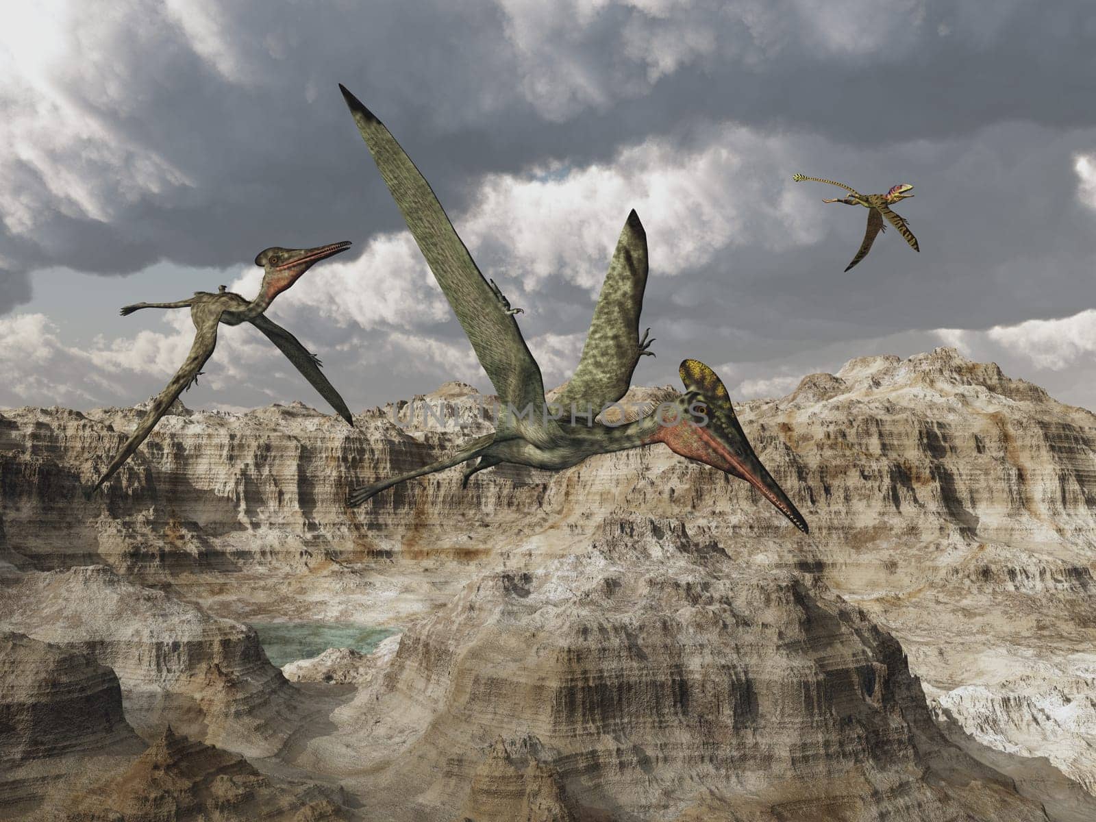 Computer generated 3D illustration with the pterosaur Pterodactylus over a mountain landscape