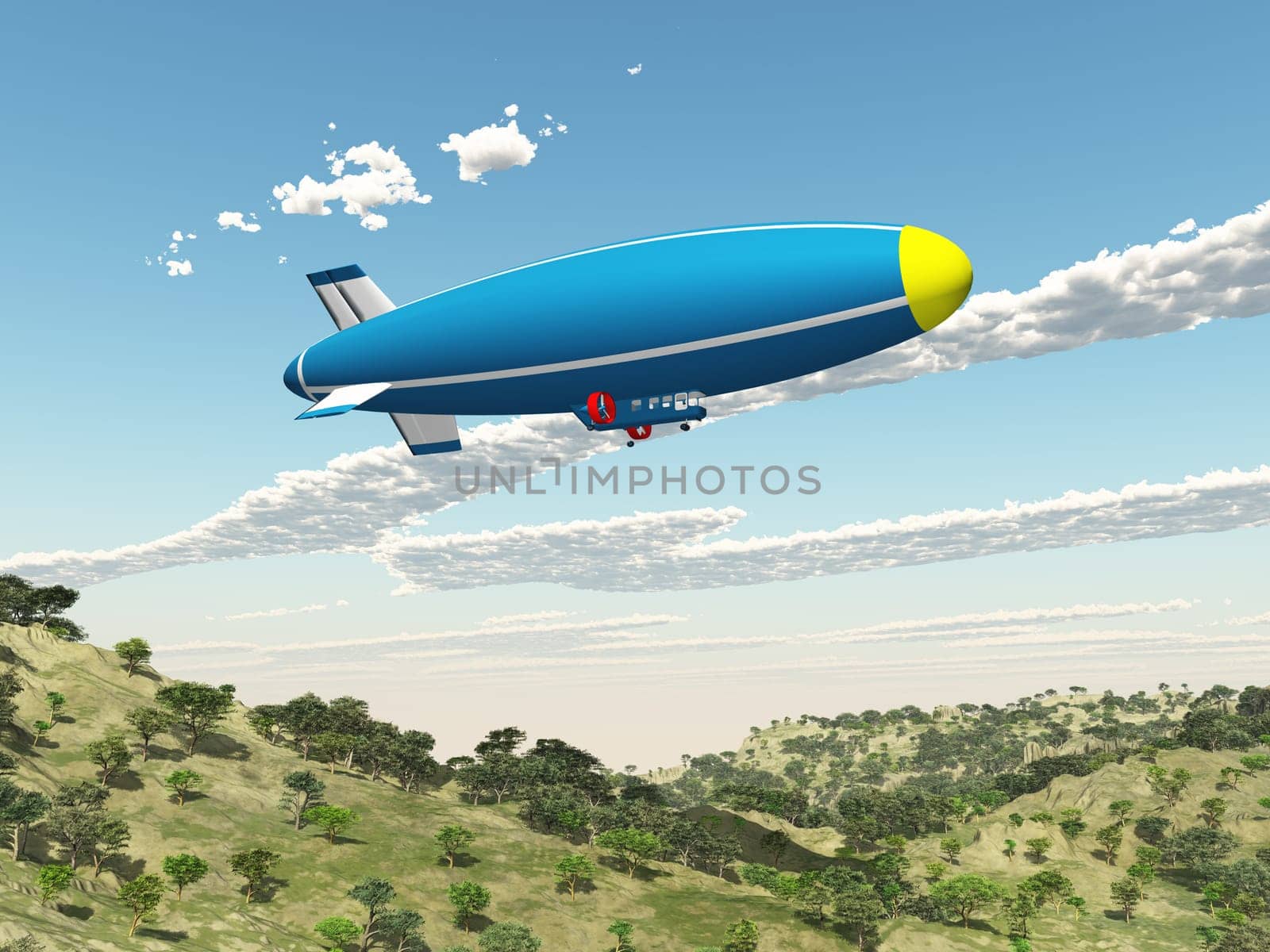 Computer generated 3D illustration with an airship over a landscape