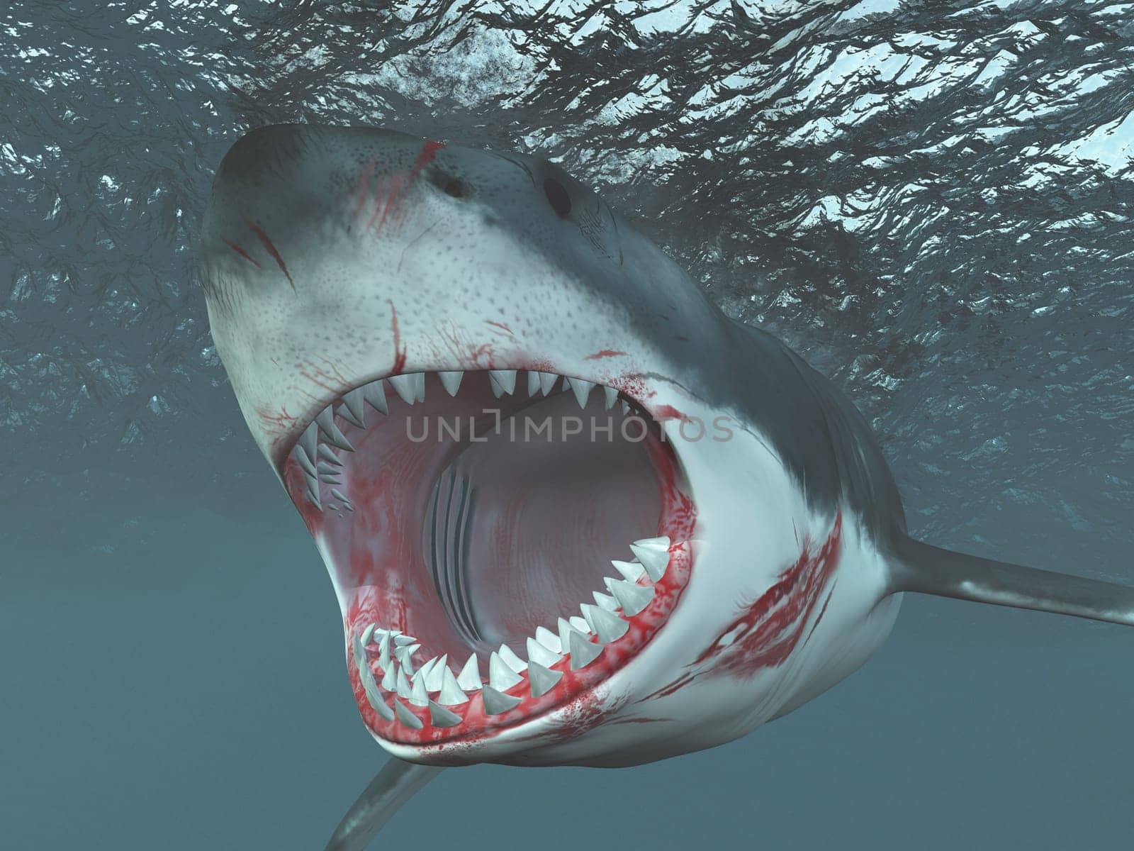 Computer generated 3D illustration with a great white shark swimming at the surface of the sea