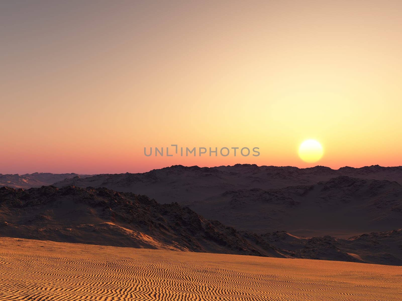 Computer generated 3D illustration with a sunset in the mountains