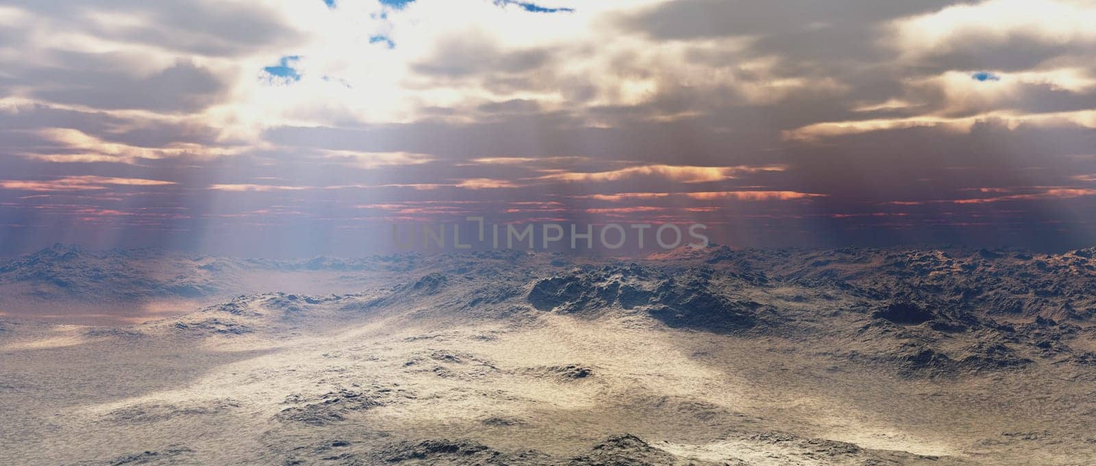 Computer generated 3D illustration with sun rays over a mountain landscape