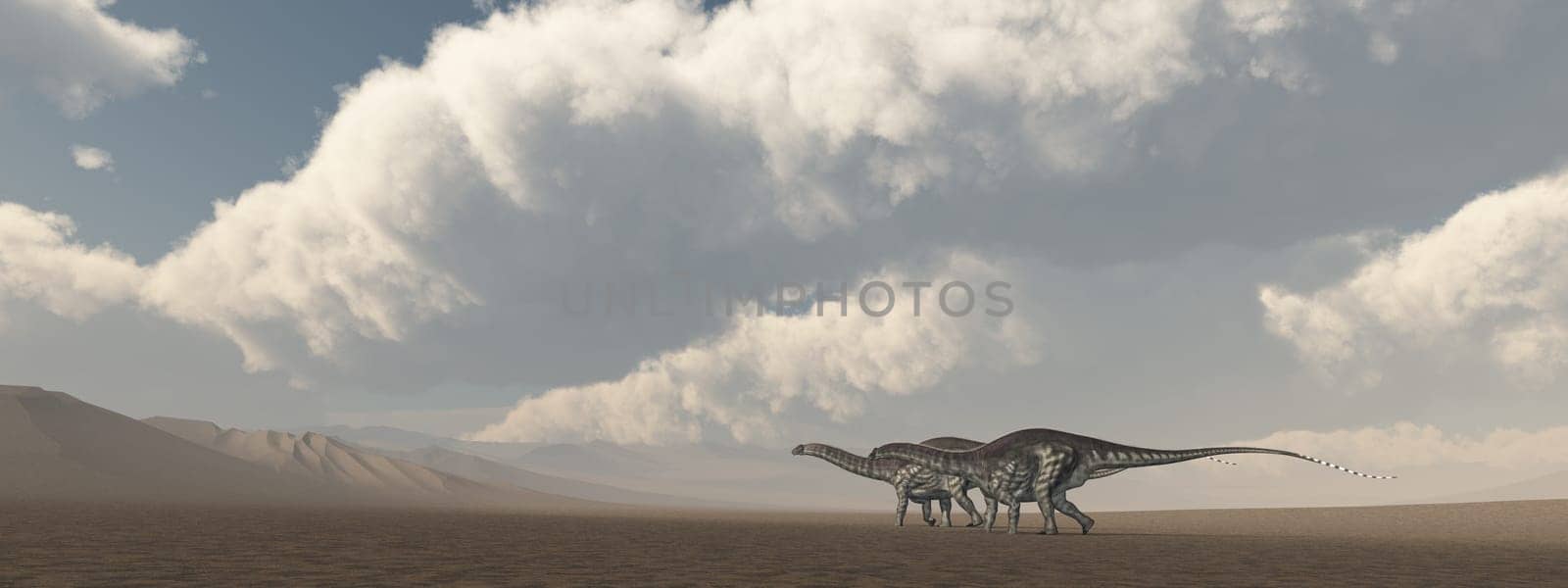 Computer generated 3D illustration with the dinosaur Apatosaurus in a desert landscape