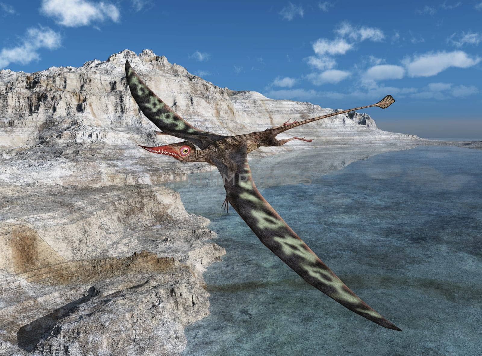 Computer generated 3D illustration with the pterosaur Rhamphorhynchus over a coastal landscape
