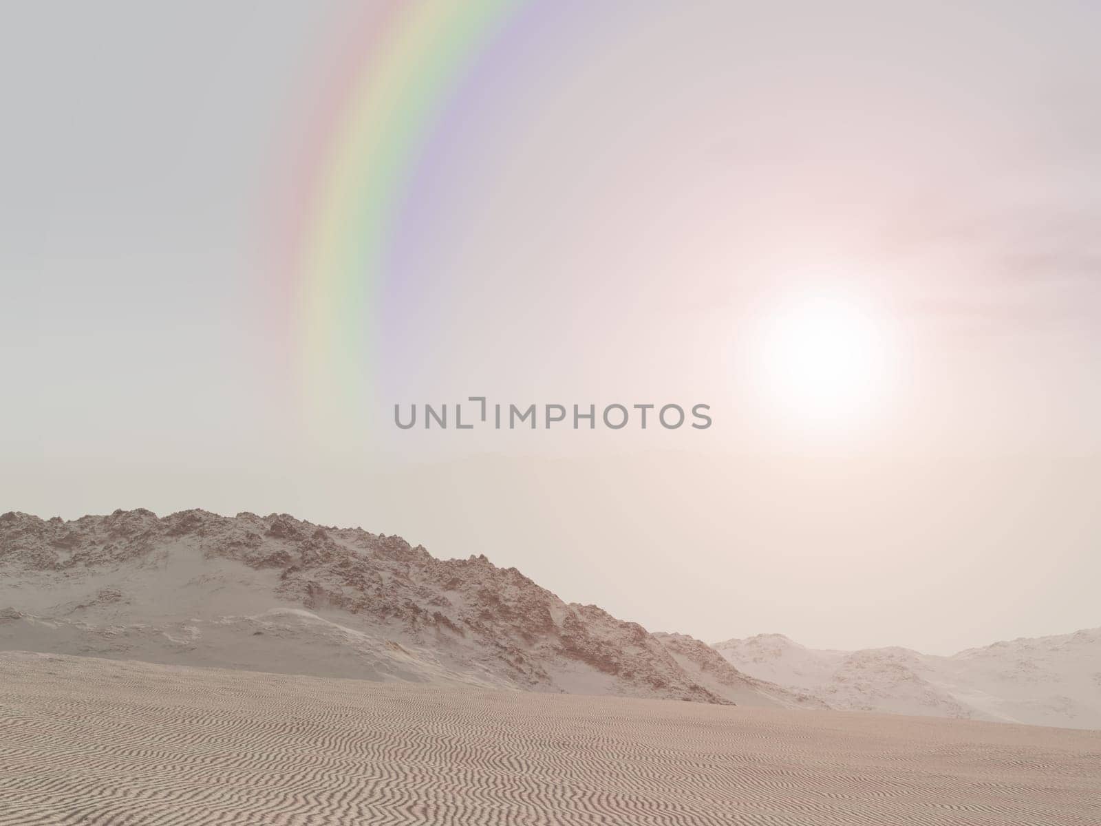 Computer generated 3D illustration with a rainbow over a desert landscape