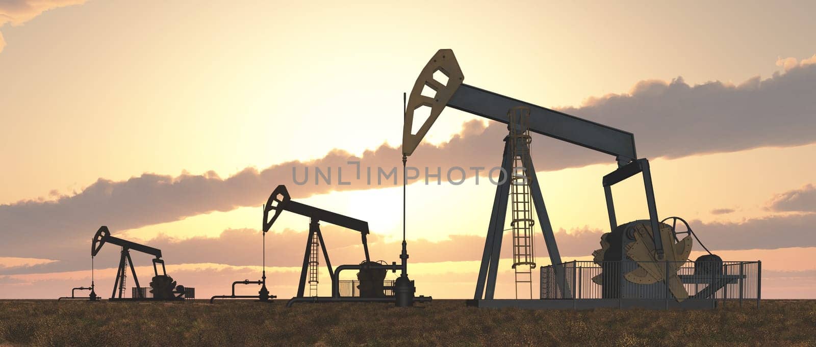 Computer generated 3D illustration with oil pumps at sunset