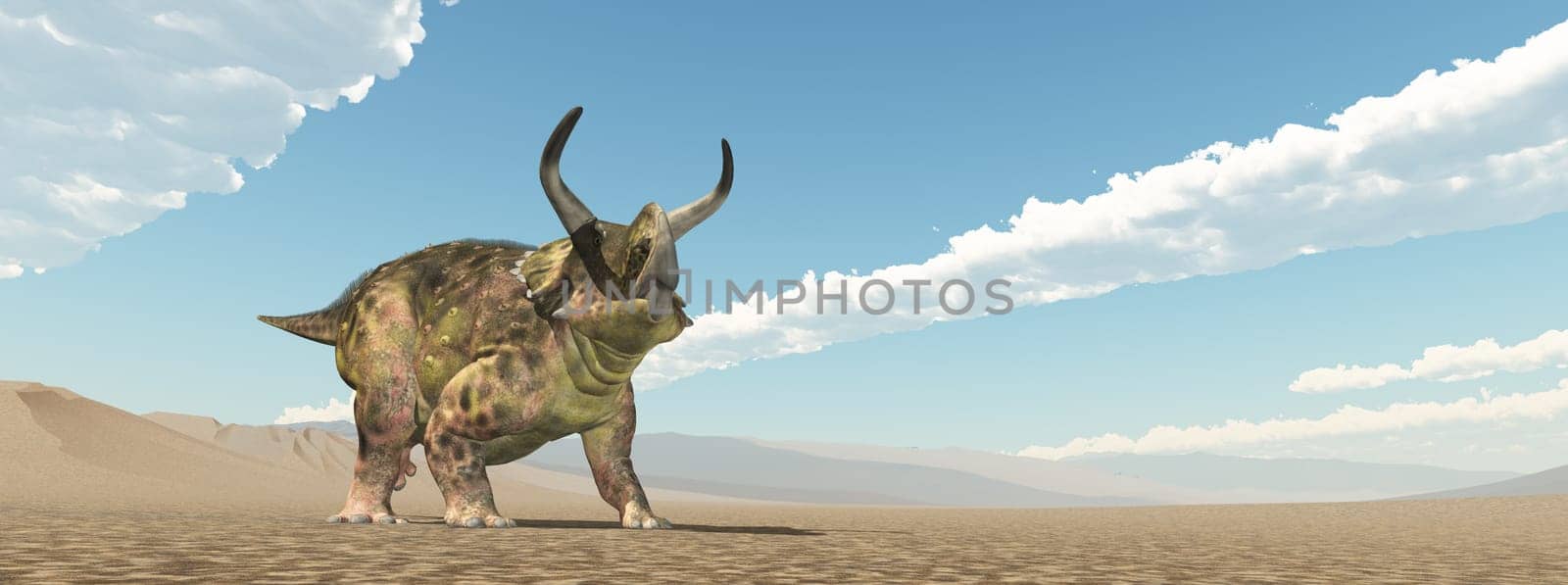 Computer generated 3D illustration with the dinosaur Nasutoceratops in a landscape