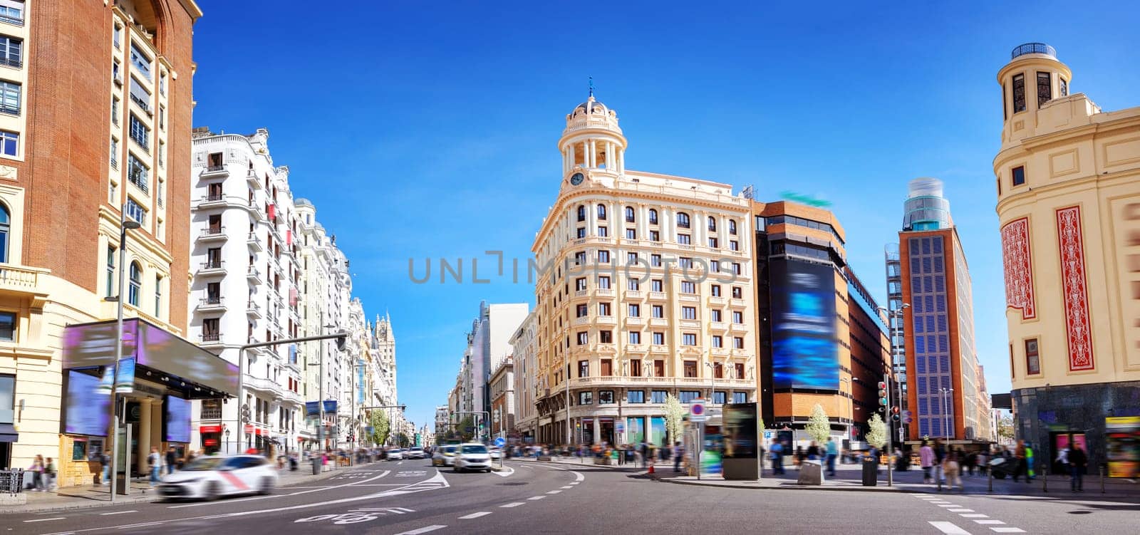 Crossroads on the Plaza del callao in Madrid, Spain. Concept of the tourism and world famous places.