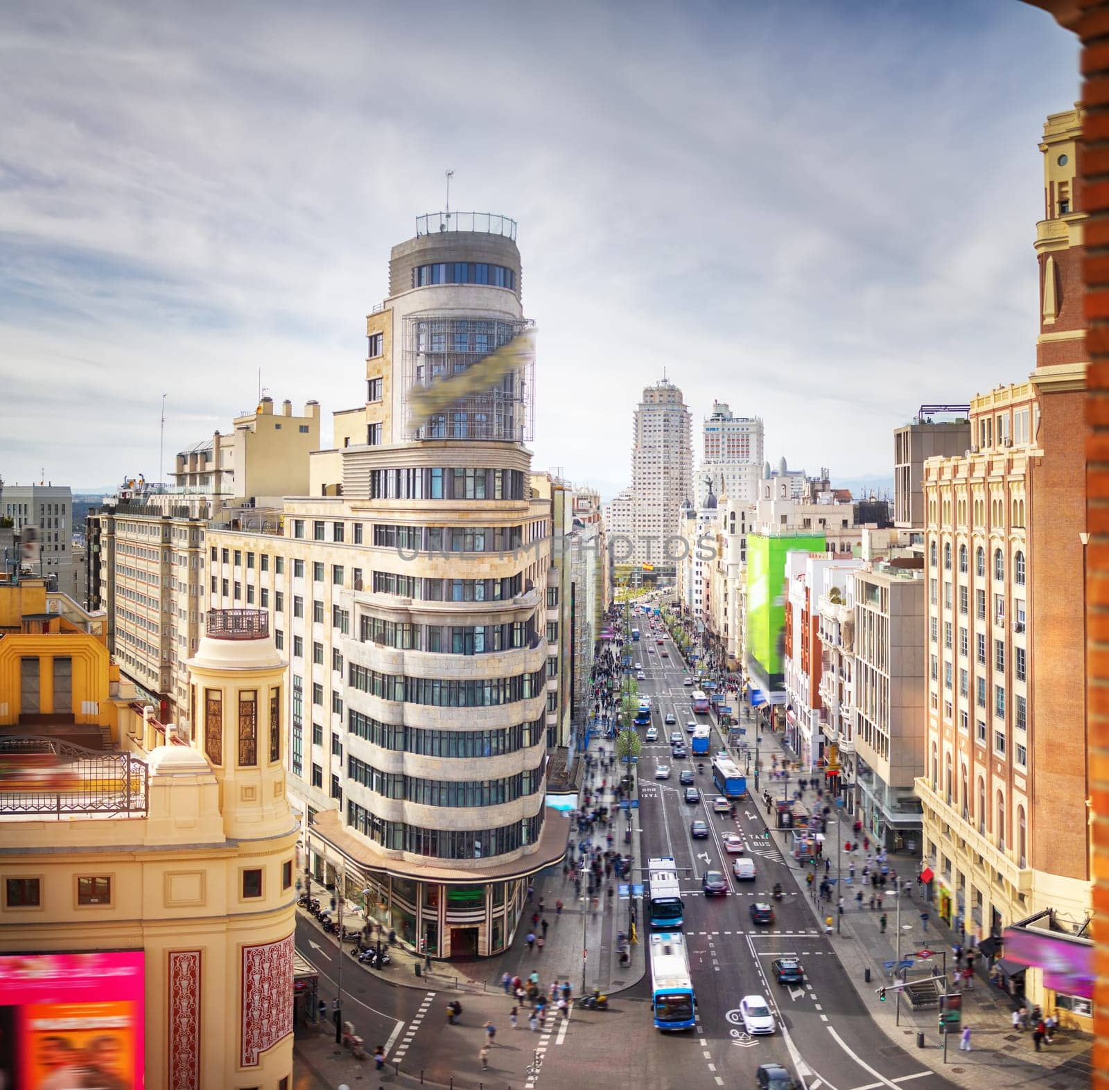 Panoramic view of the Callao square with business skyscrapers and big traffic. Concept of the tourism and famous places.