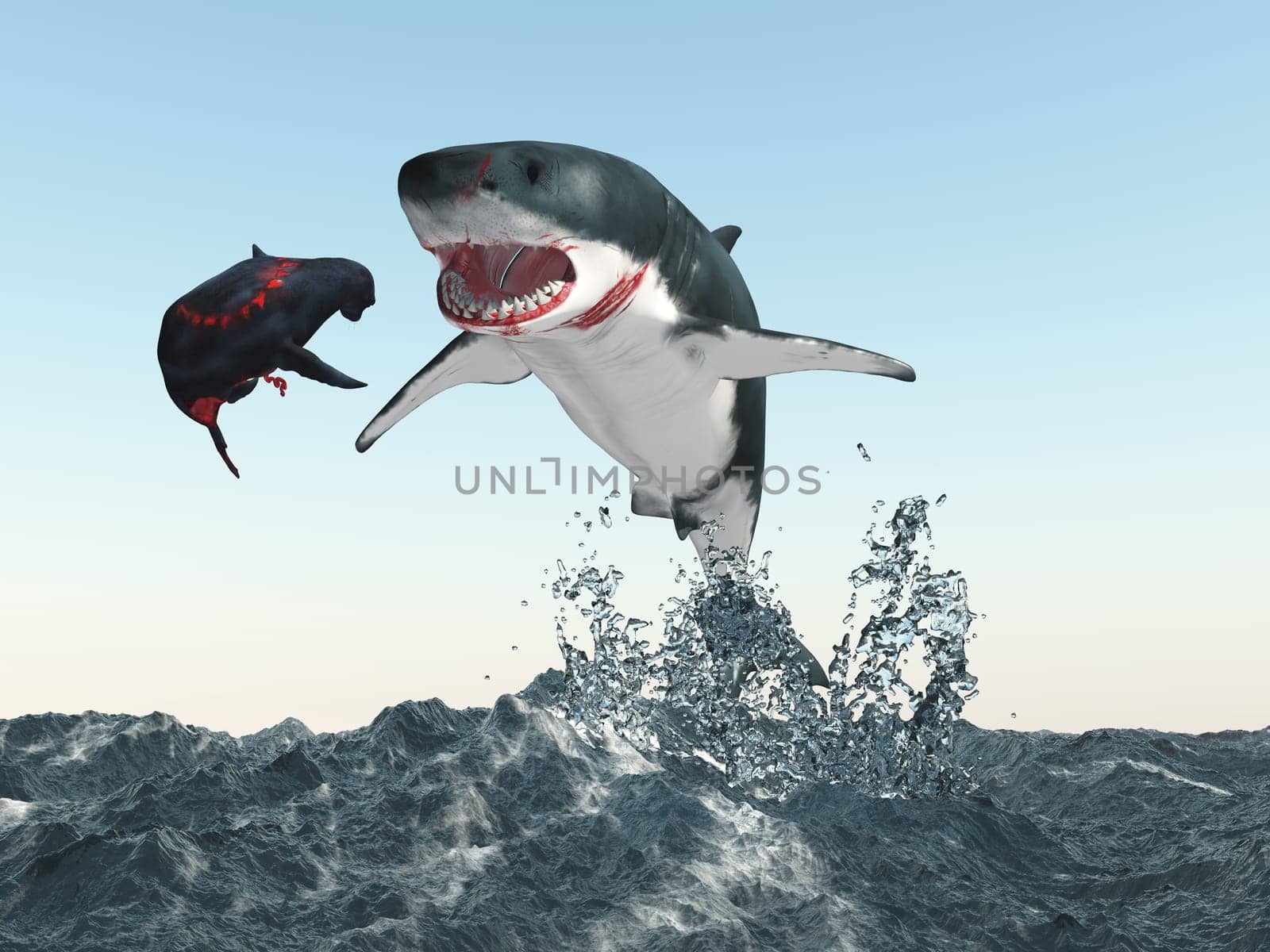 Computer generated 3D illustration with great white shark and seal in the open sea