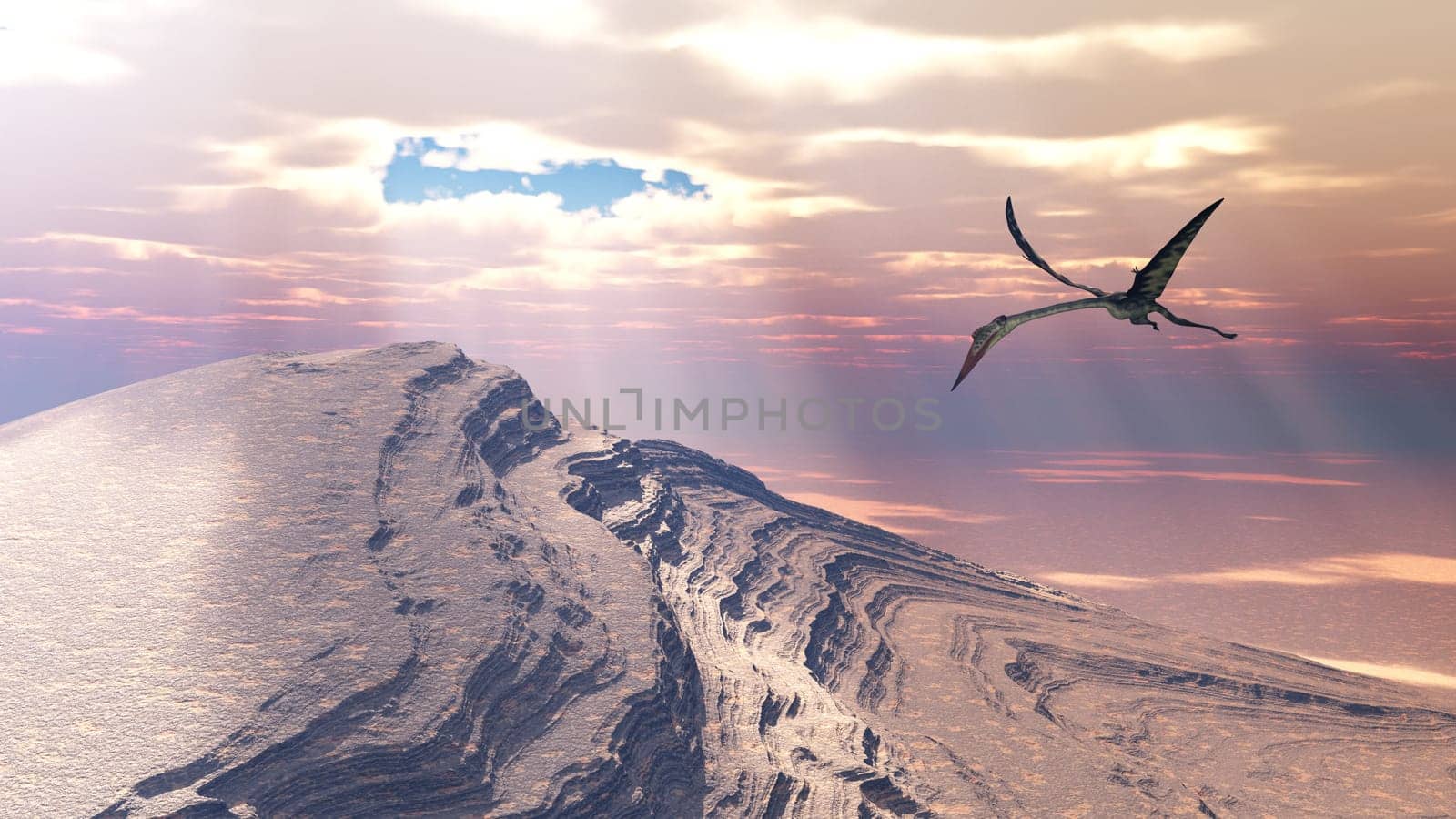 Computer generated 3D illustration with the pterosaur Quetzalcoatlus flying over a mountainous landscape