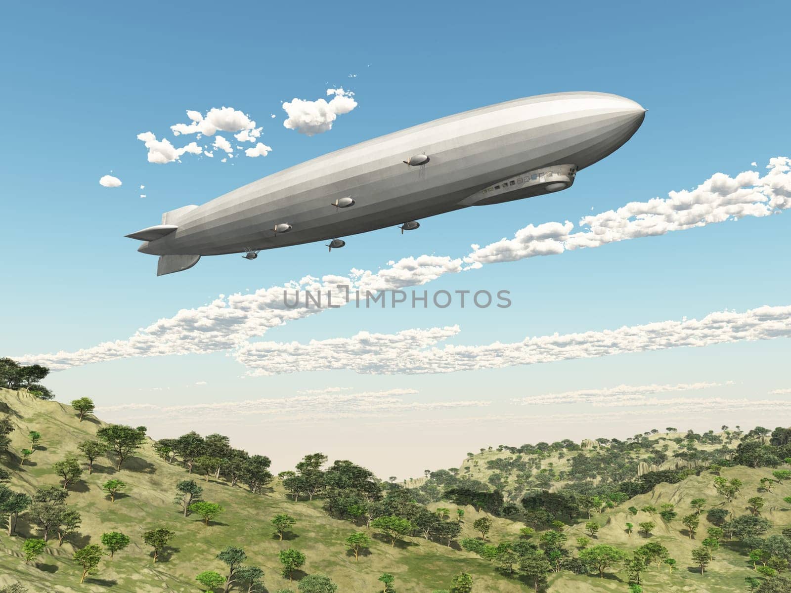 Computer generated 3D illustration with an airship over a landscape