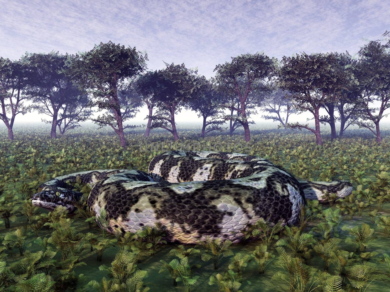 Computer generated 3D illustration with the prehistoric giant snake Titanoboa
