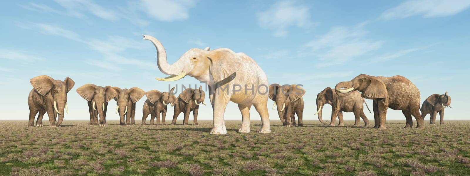 Computer generated 3D illustration with a white elephant in an elephant herd