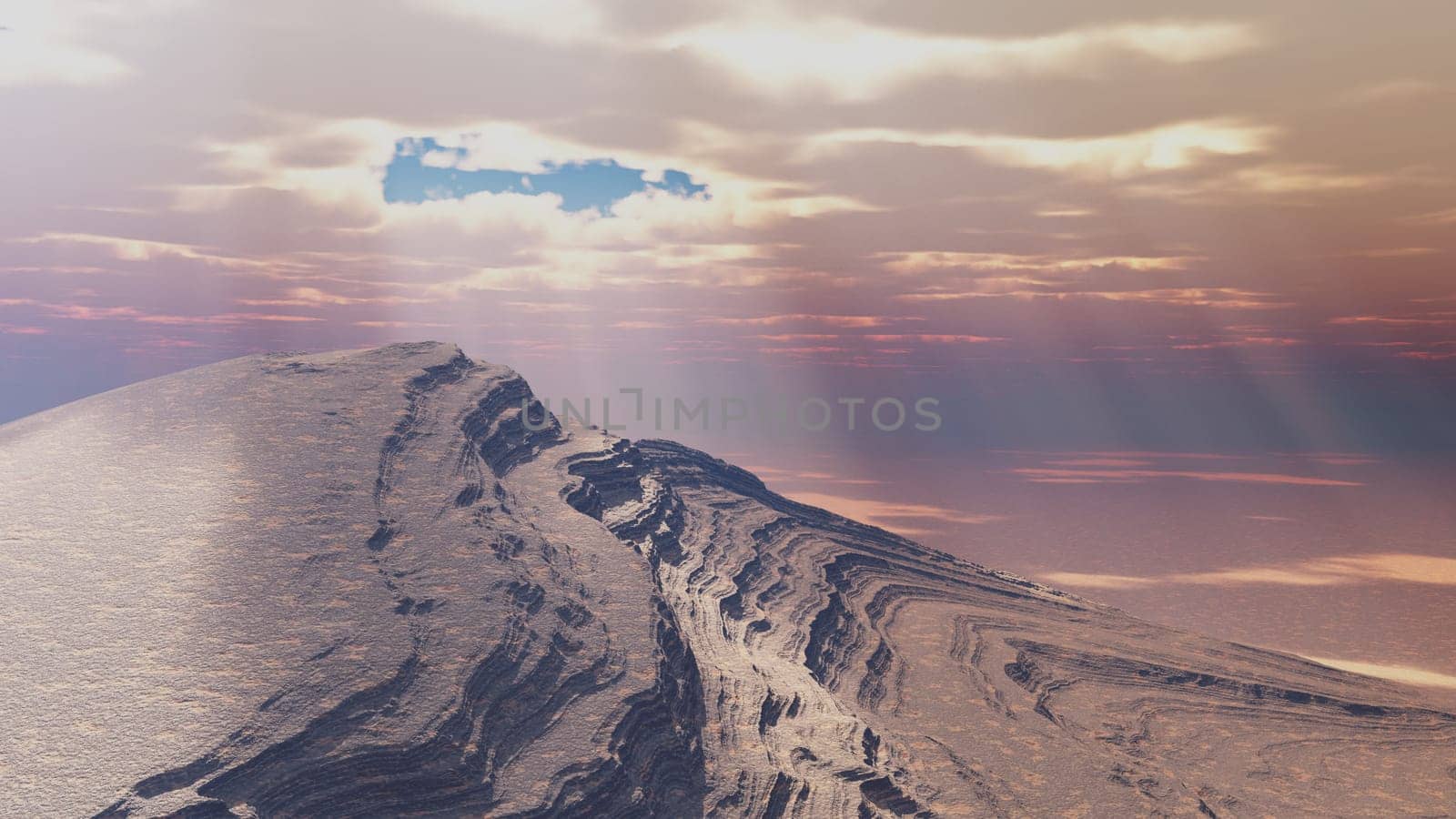 Computer generated 3D illustration with sun rays over a mountain landscape