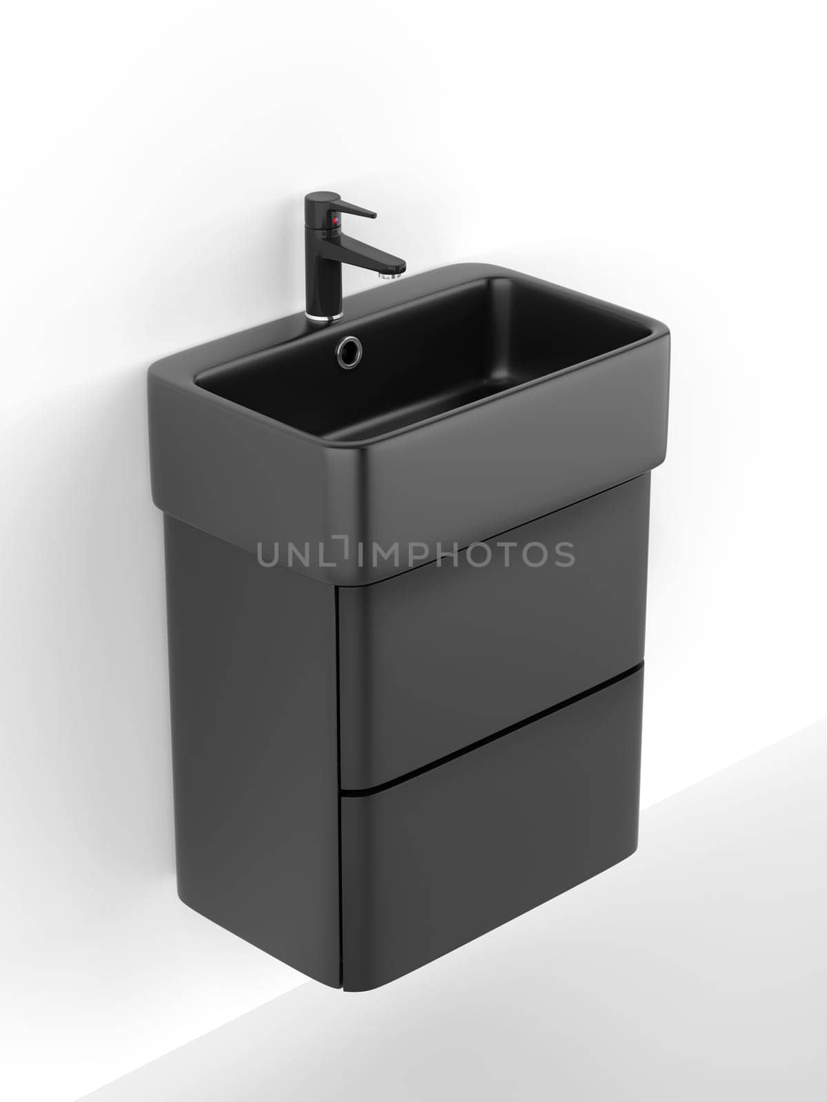 Black wall-hung wash basin cabinet and faucet on white wall