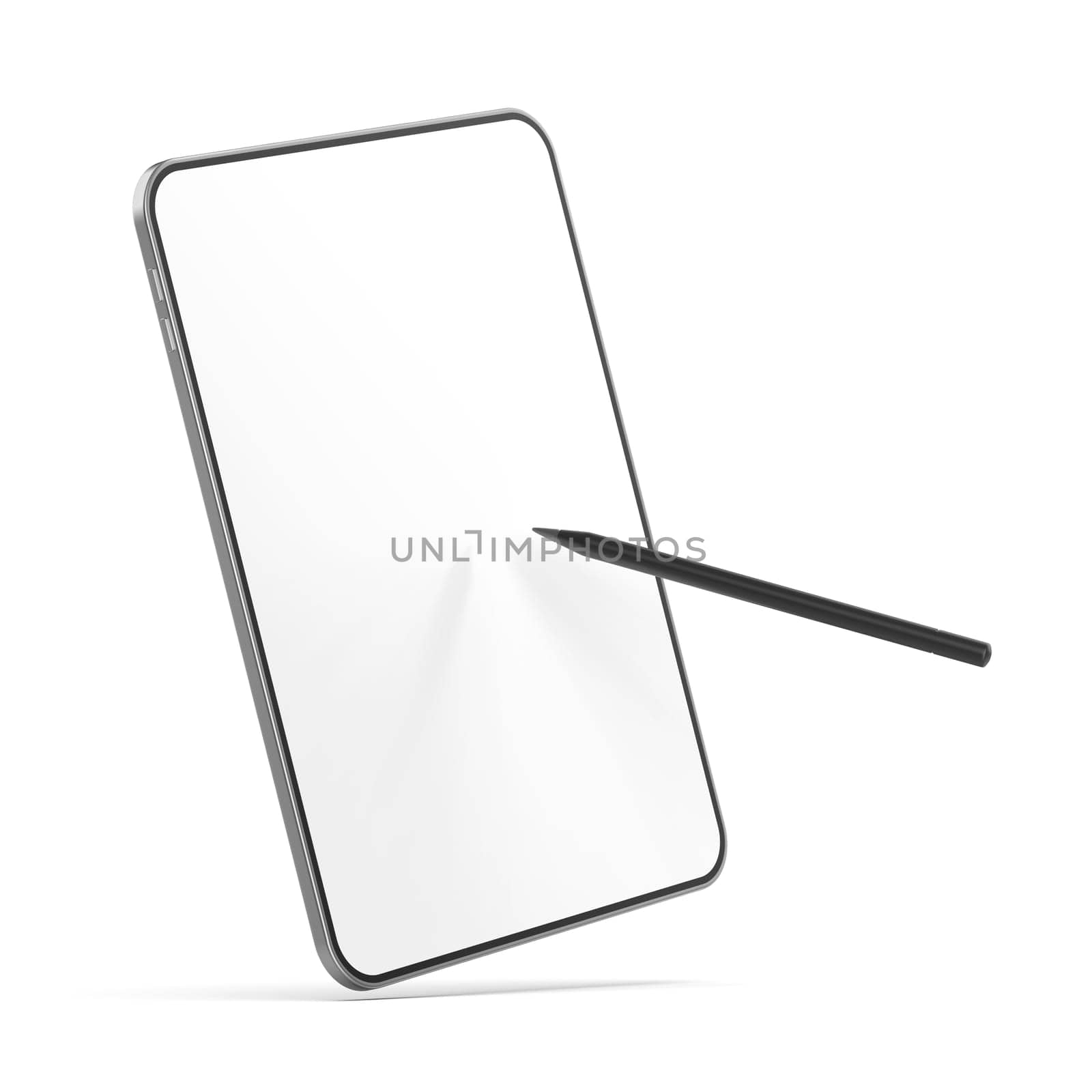 Tablet with empty screen and digital pen on white background