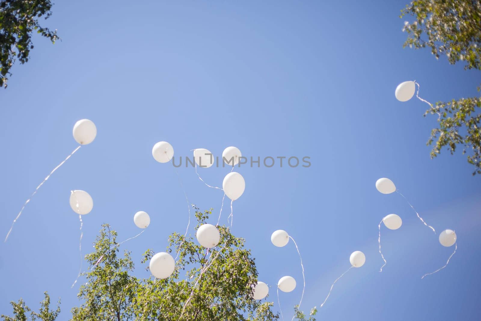 White balls in sky. Balloons fly through air. Details of holiday. Flying in sky.