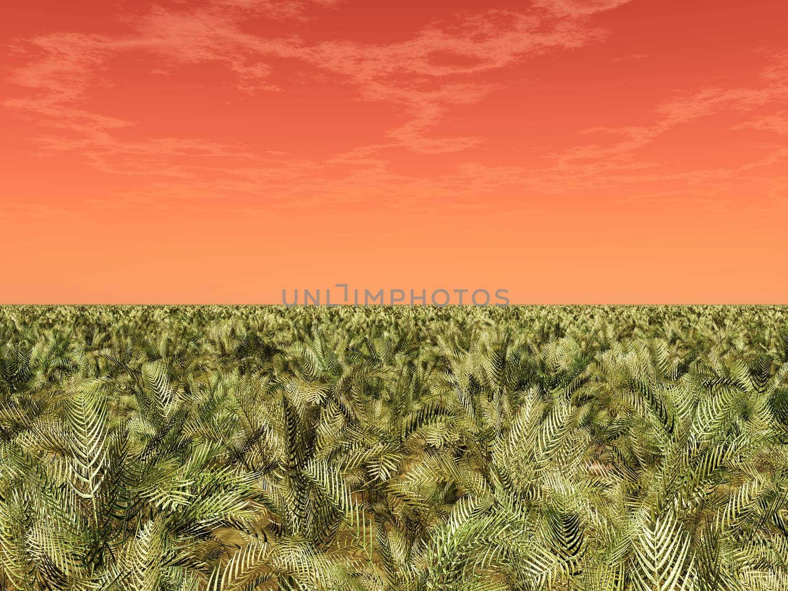 Computer generated 3D illustration with a landscape in a distant world with planet in the sky