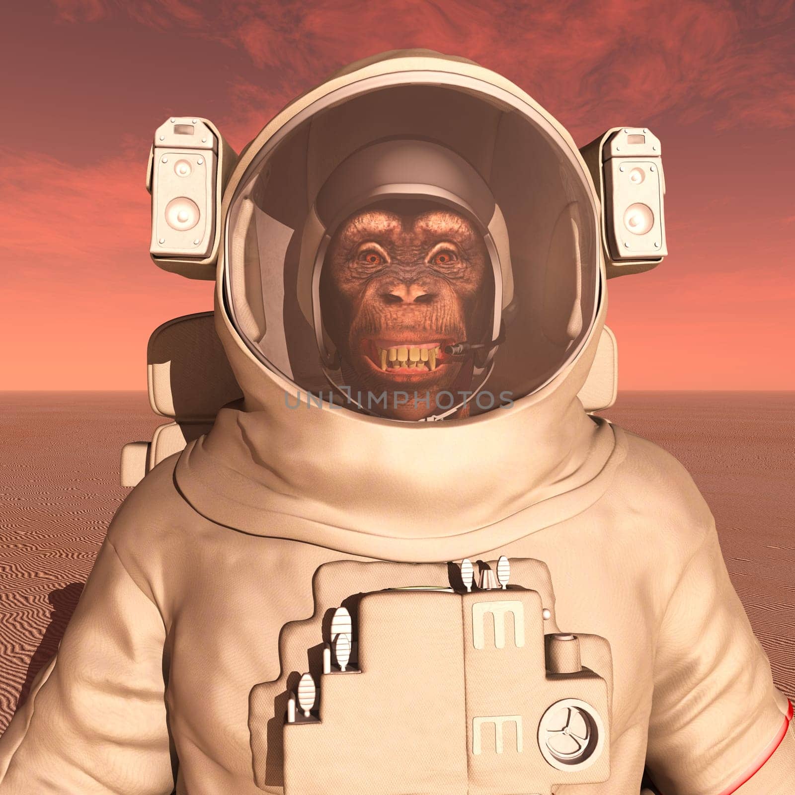 Computer generated 3D illustration with a chimpanzee in space suit on Mars