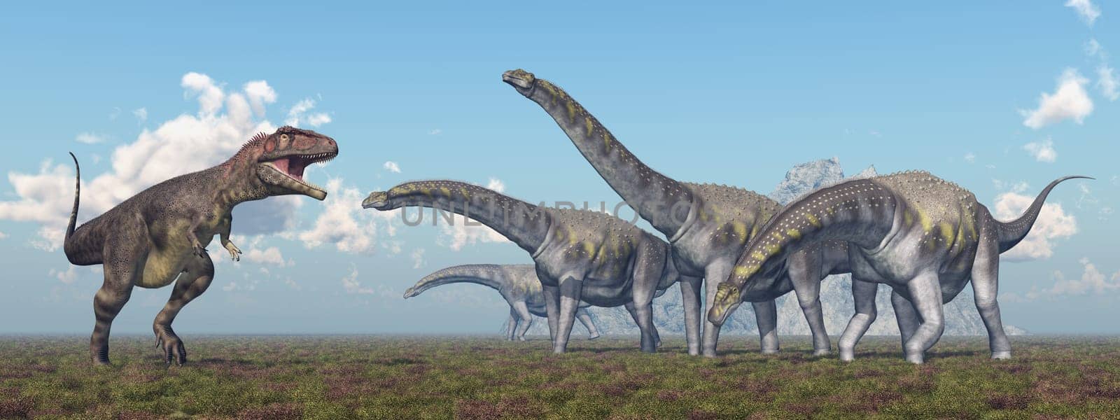 Computer generated 3D illustration with the dinosaurs Mapusaurus and Argentinosaurus