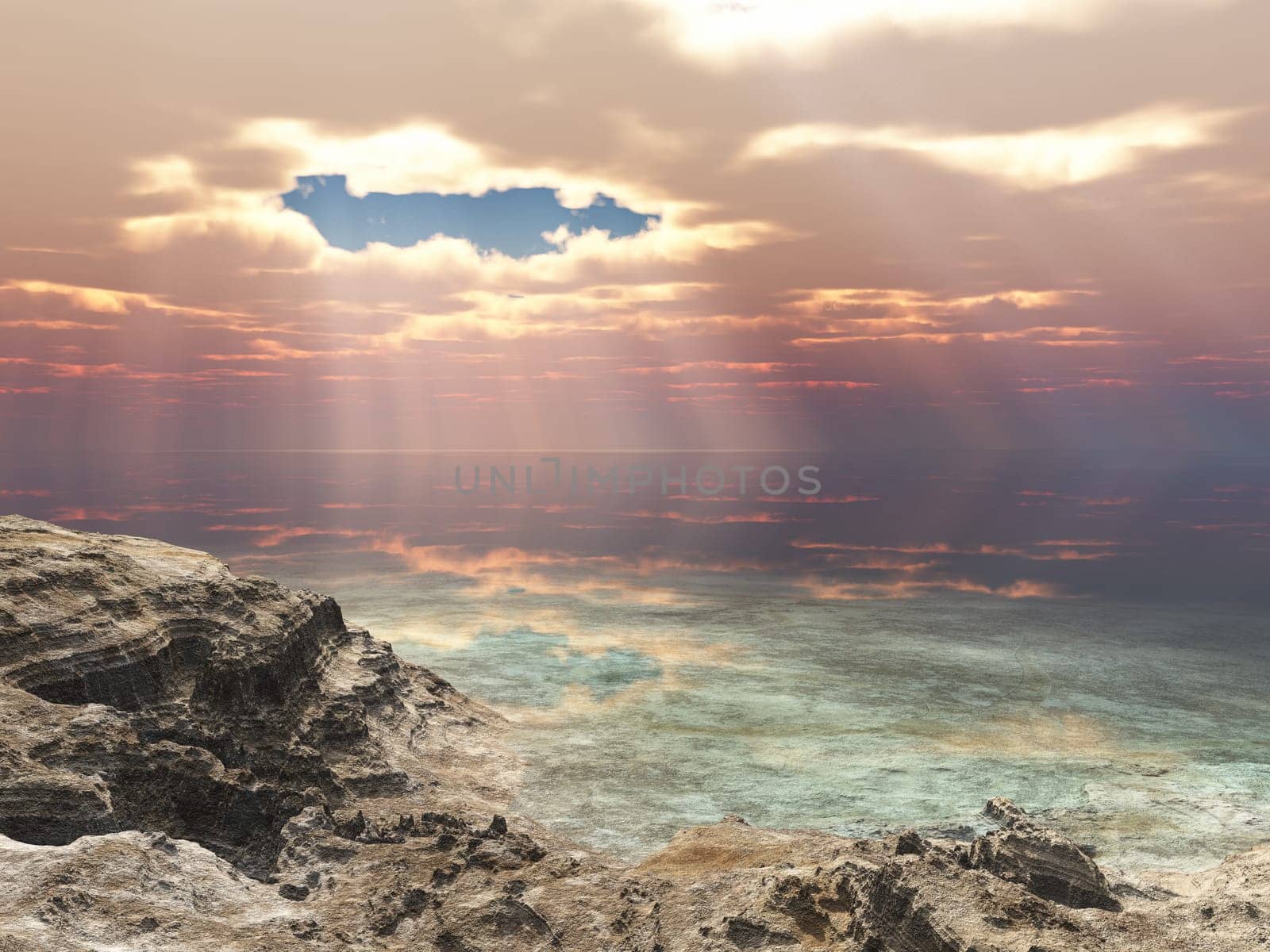 Computer generated 3D illustration with a rocky coastal landscape