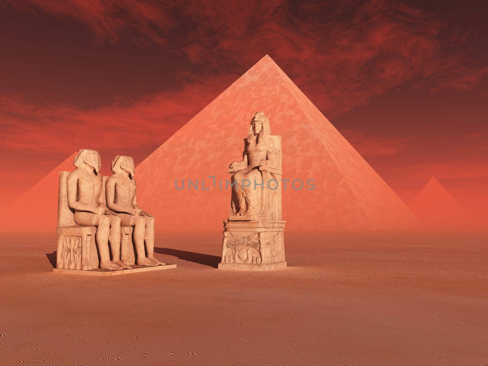 Computer generated 3D illustration with Egyptian pyramids and statues
