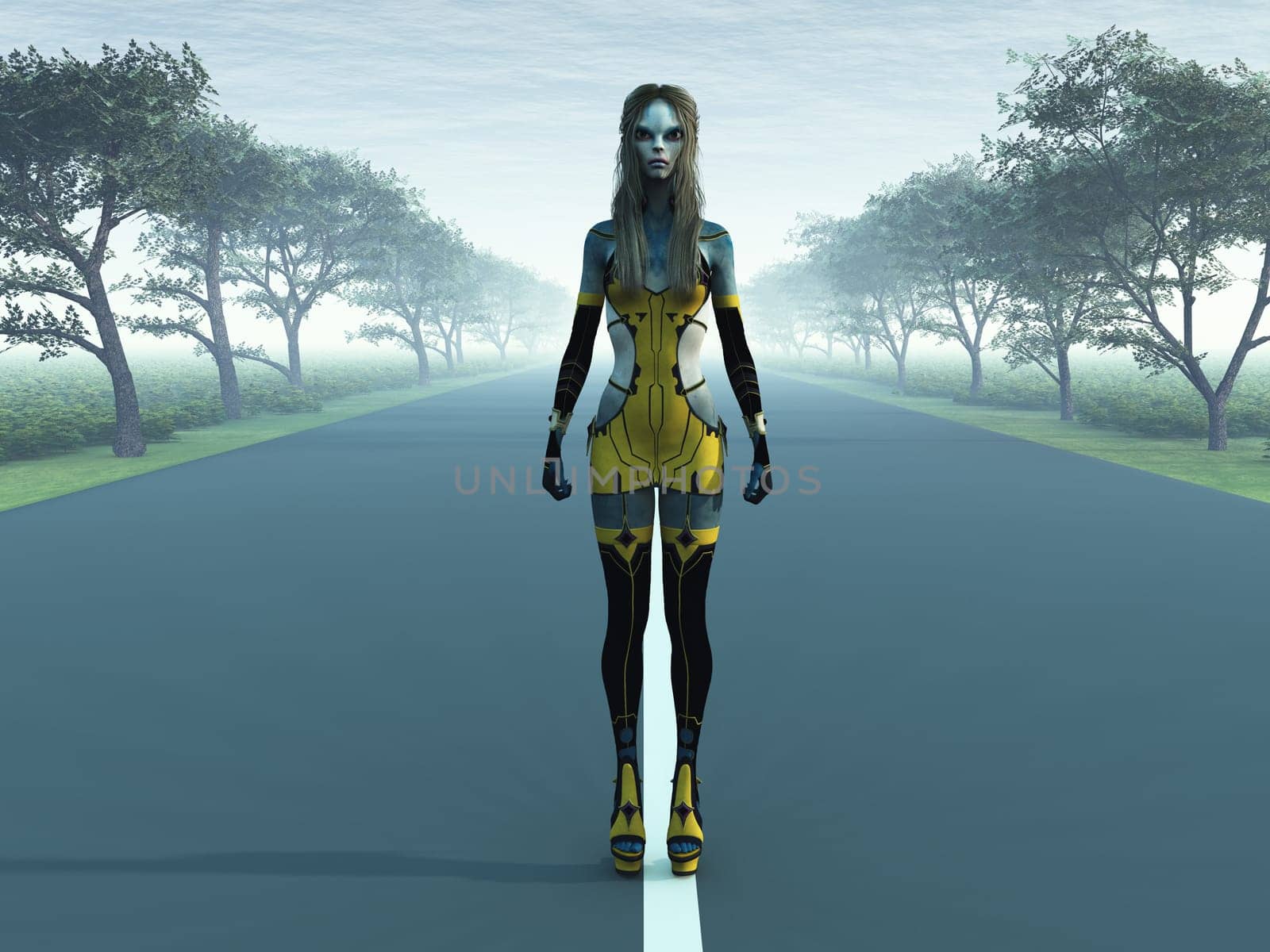 Computer generated 3D illustration with an alien creature on a country road at dawn