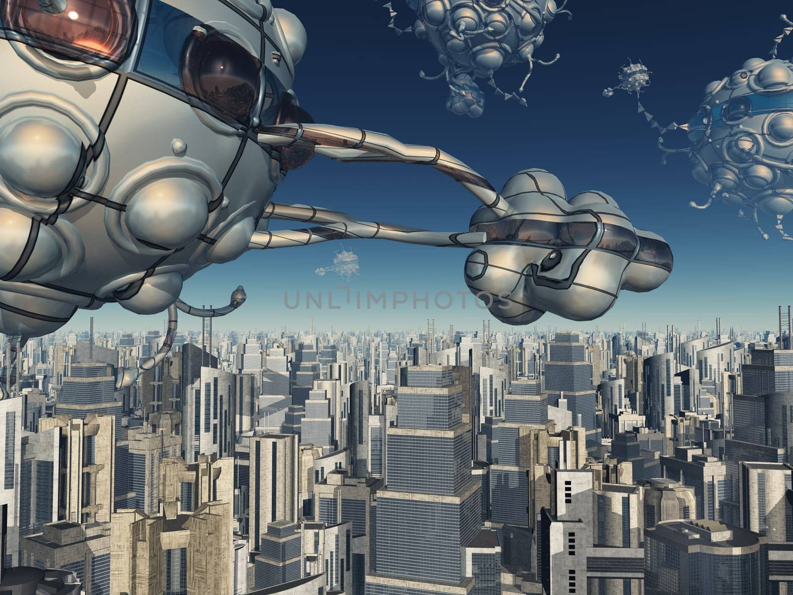 Computer generated 3D illustration with spacecrafts over a futuristic big city