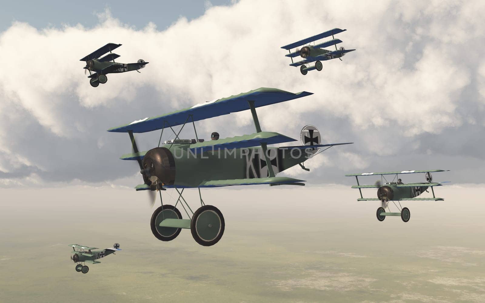 Computer generated 3D illustration with German fighter planes of World War I
