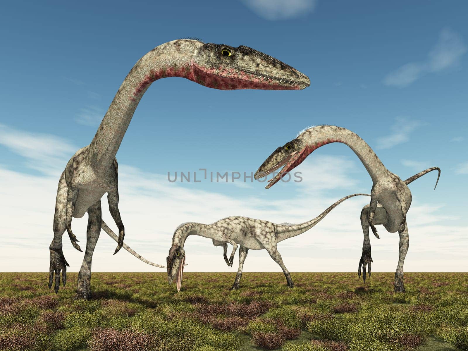 Computer generated 3D illustration with the dinosaur Coelophysis in a landscape