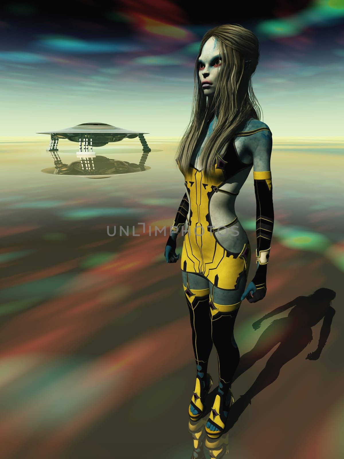 Computer generated 3D illustration with extraterrestrial life and flying saucer in a distant world