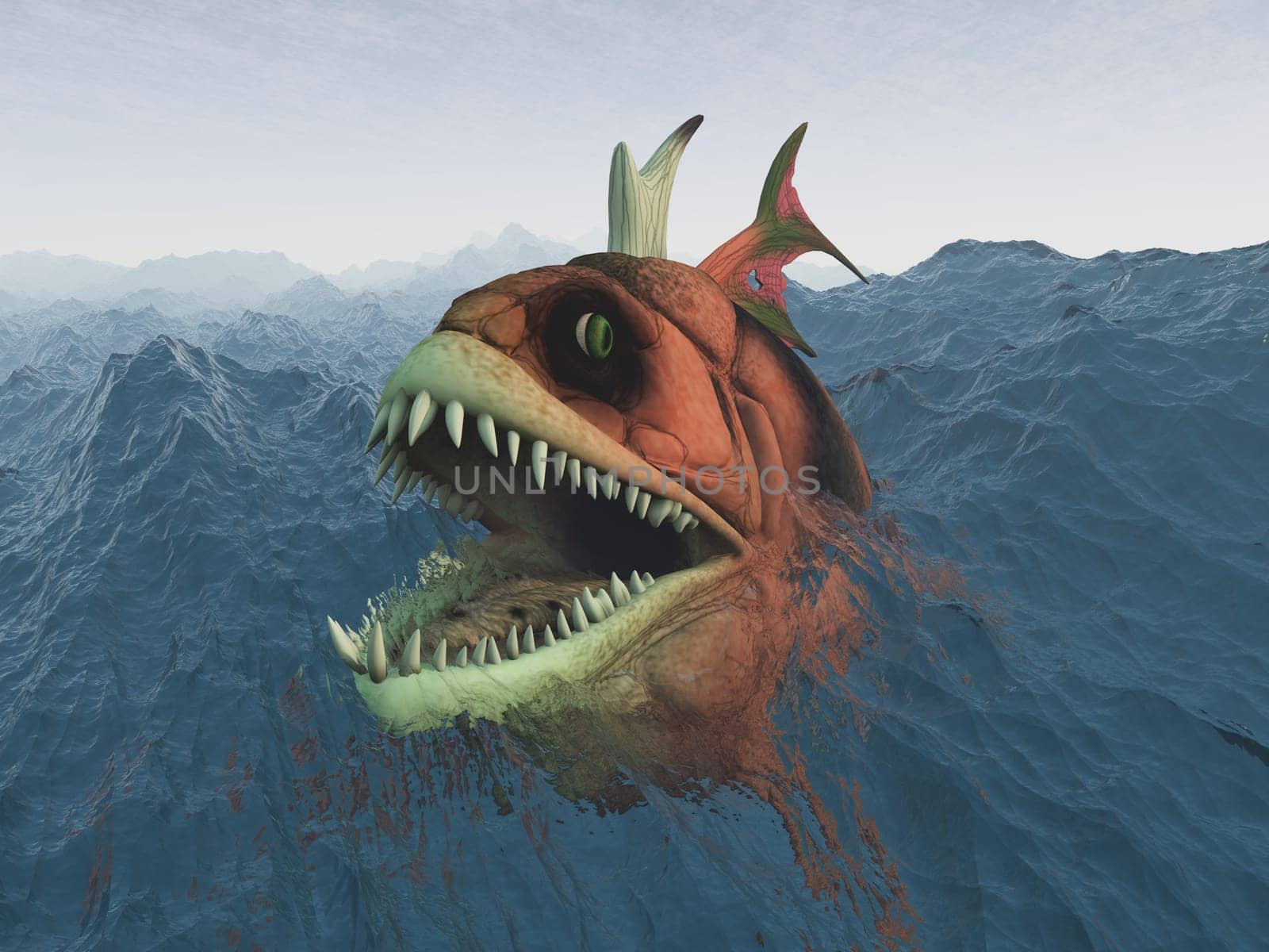Computer generated 3D illustration with a monstrous fish in stormy sea
