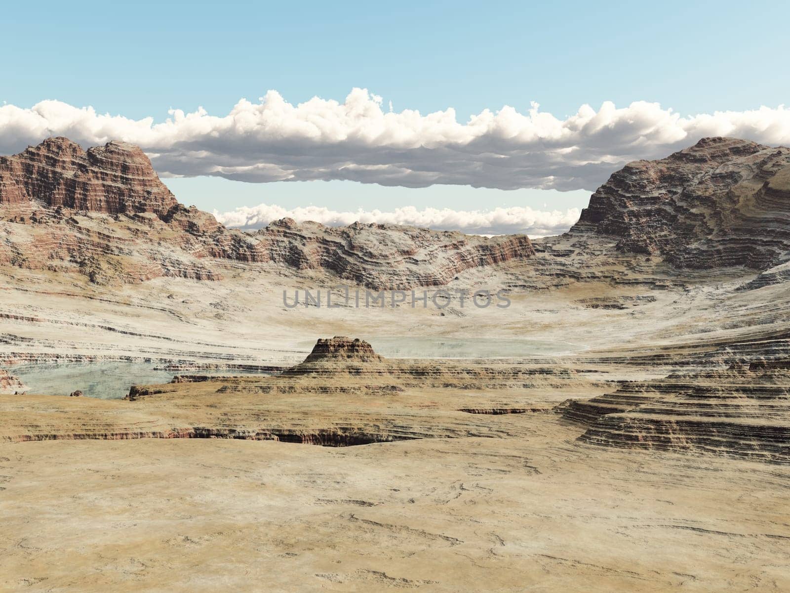 Computer generated 3D illustration of a desert landscape with mountains