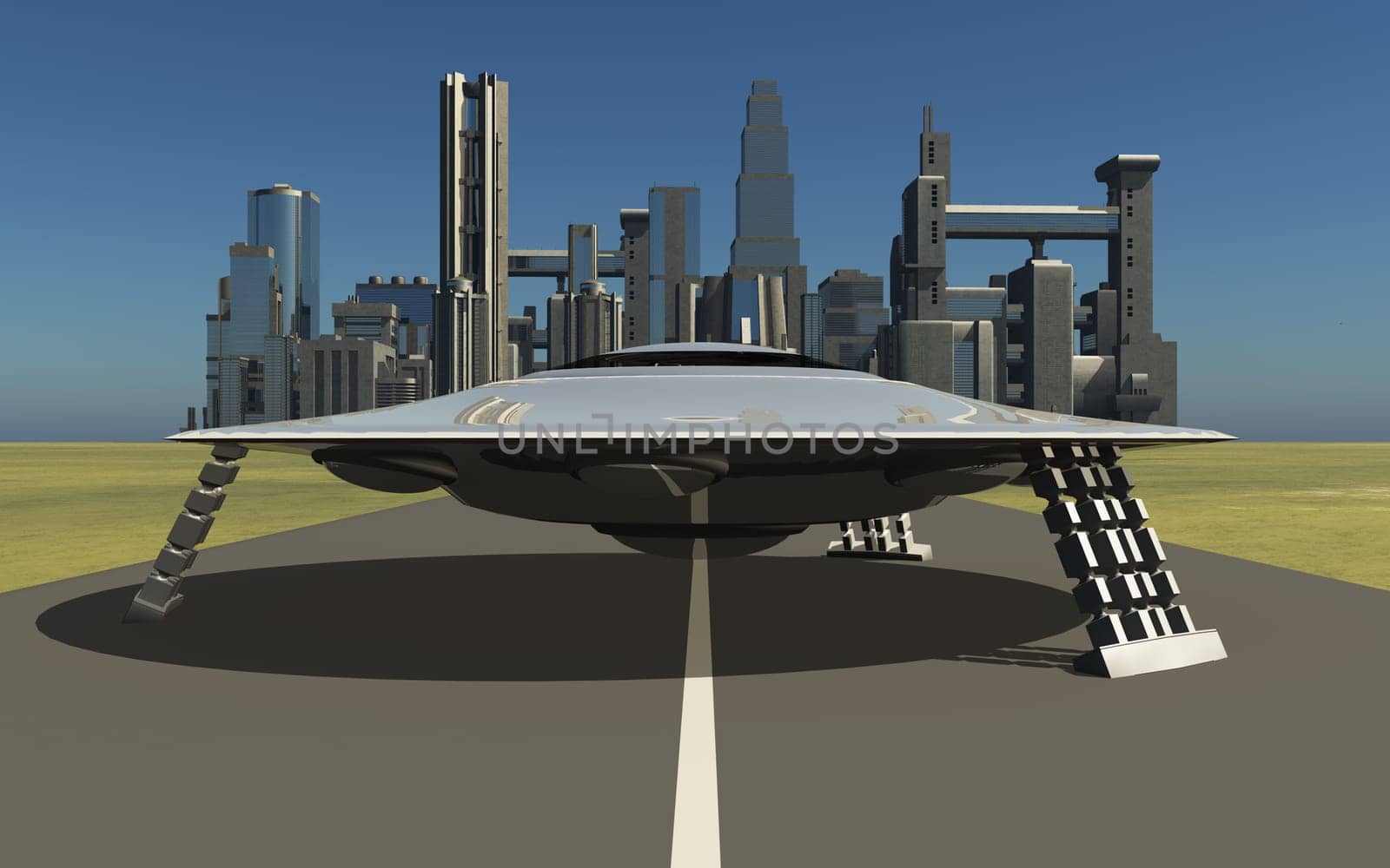 Computer generated 3D illustration with a flying saucer on a country road in front of a big city with skyscrapers