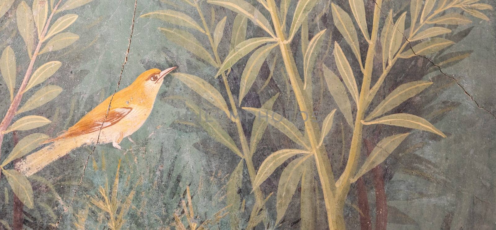 Italy, Pompeii - Luxury roman house interior, fresco detail with bird in a garden, 79 AD