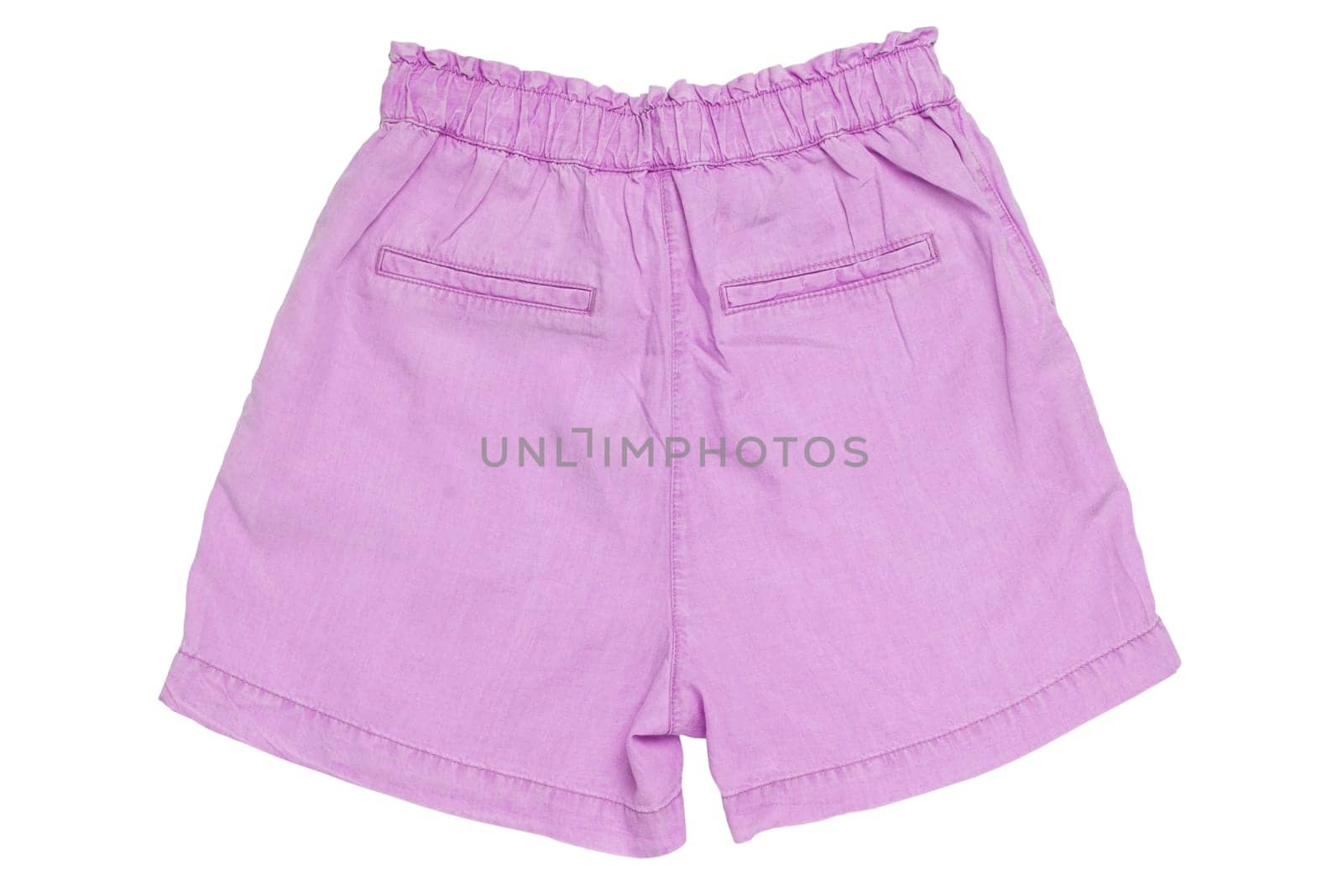 Closeup of a female stylish fashionable light pink short pant with ribbon bow isolated on a white background. Clipping path. Back view.
