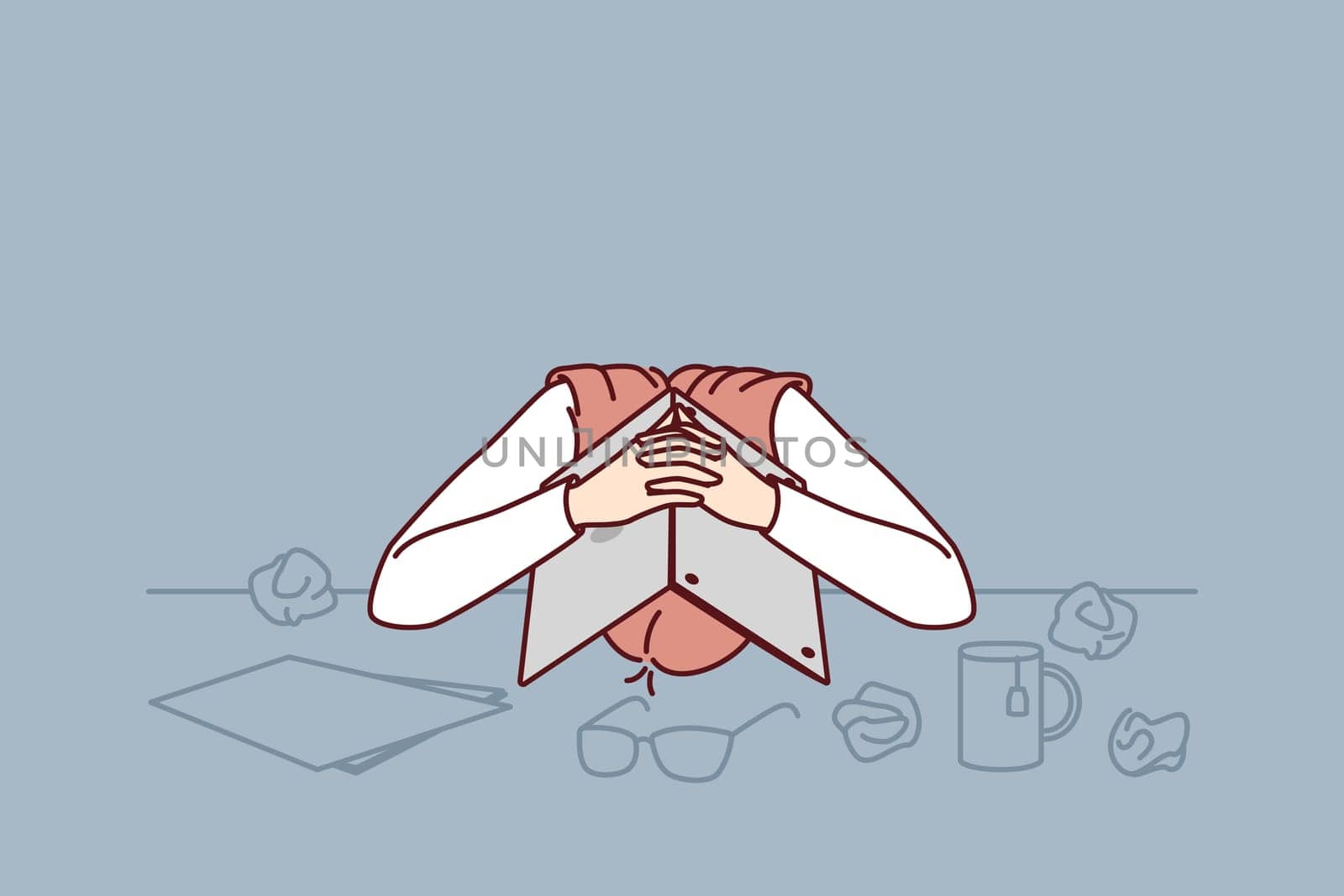 Tired female office worker hiding head under laptop suffering from stress and burnout or overwork. Business woman with problems due to burnout and loss of income needs help of crisis manager
