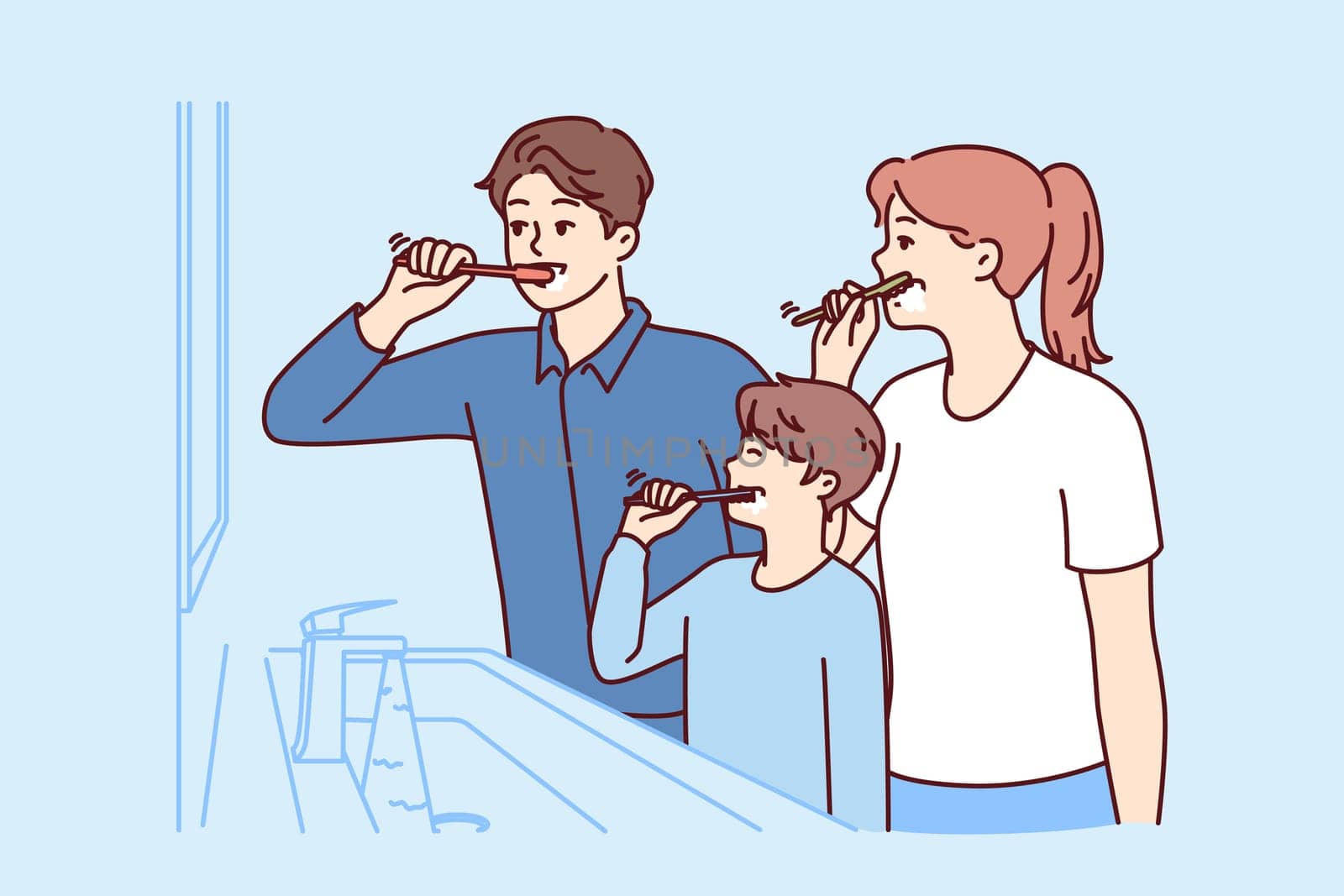 Family brushes teeth together standing in bathroom near mirror to teach boy morning hygiene procedures. Mom and dad with son use toothbrushes to clean mouth after eating to avoid teeth caries