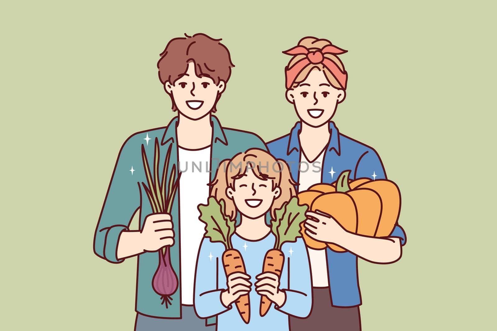 Gardening family posing with organic vegetables grown on own farm and rejoice in good harvest. Happy parents together with daughter are engaged in family business growing vegetables