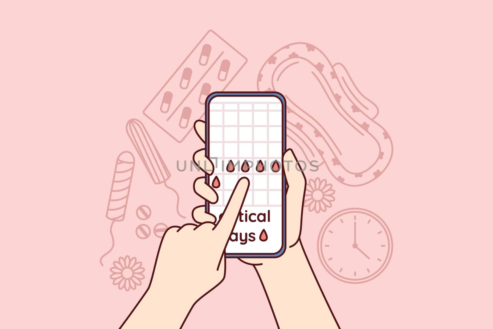 Menstruation cycle calendar in mobile phone in hands near pads and tampons or feminine hygiene products and pain pills. Planning menstruation or critical days using website for girls