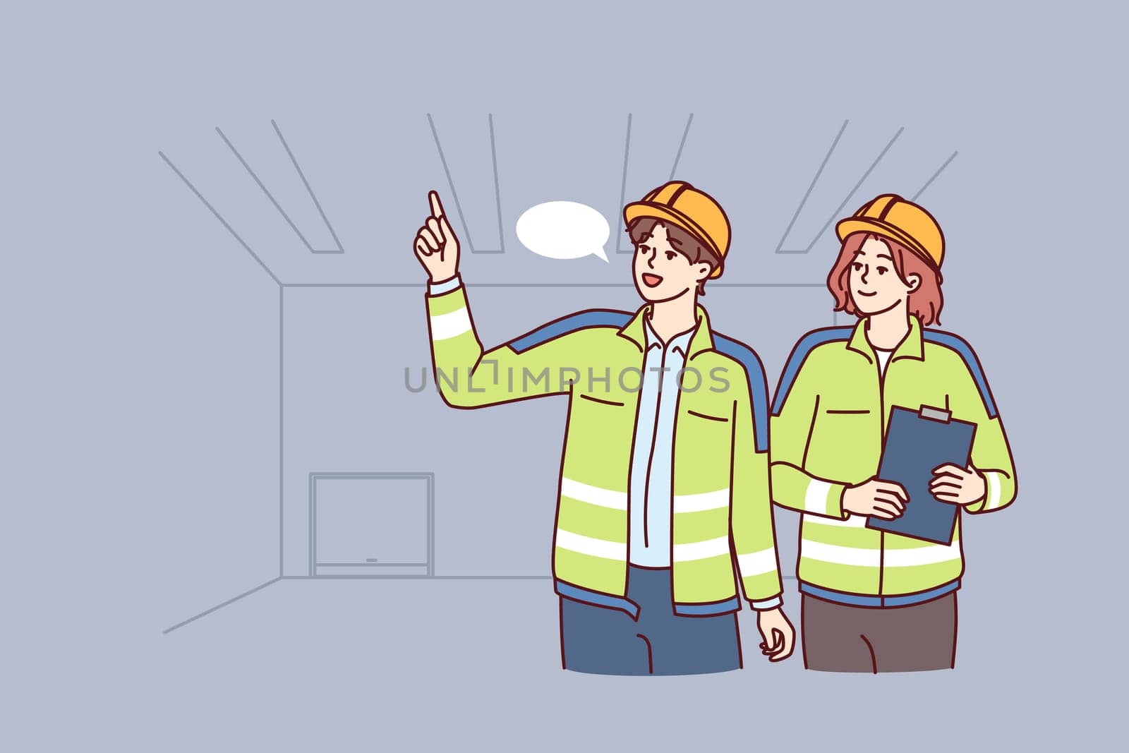 Two industrial room engineers discussing production process and how to repair equipment. Man and woman engineers in construction uniforms and safety helmets hold meetings in unfinished building