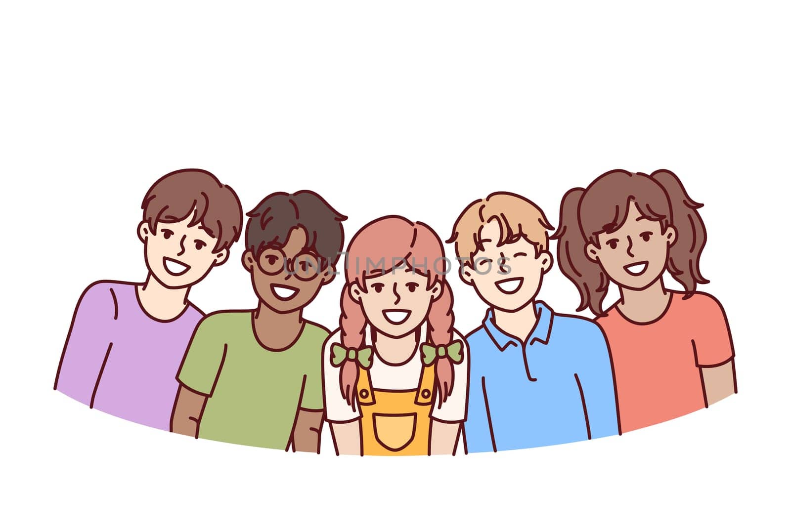 Happy diverse children students in junior school smiling rejoicing at opportunity to communicate with friends. Children teenagers of different races and nationalities laugh enjoying communication