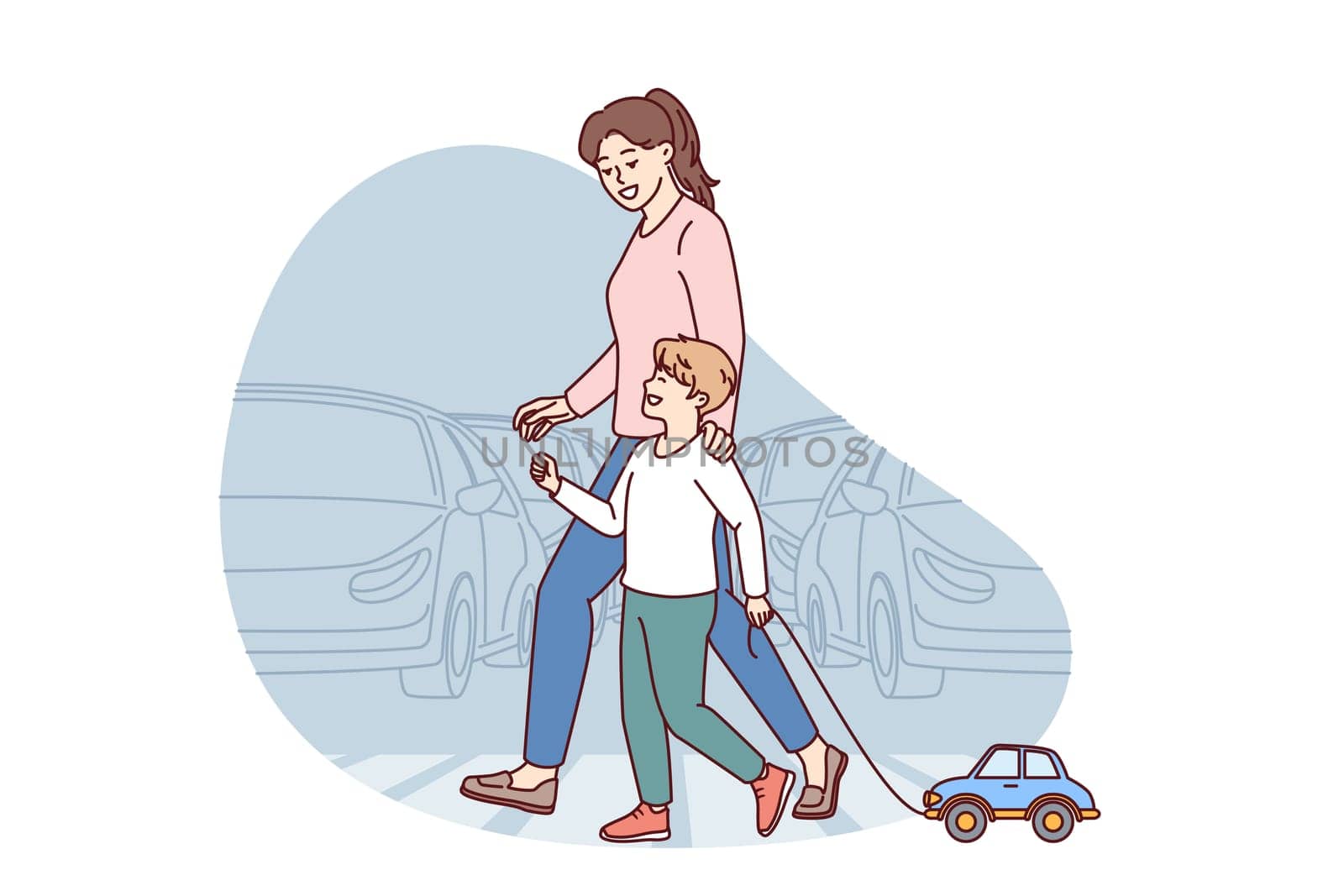 Happy mom and child going along pedestrian crossing across road walking through summer city. Little boy with toy car walks with nanny teaching how to cross intersection road correctly