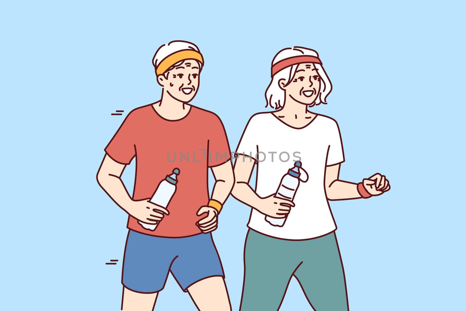 Elderly couple running and exercising outdoors having fun after retirement and enjoy active old age. Elderly men and women with water bottles do morning jog and lead healthy lifestyle