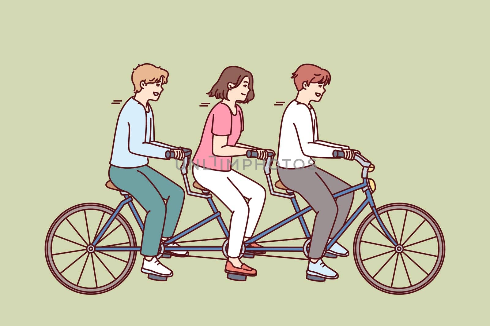 Group of people riding same bike together and enjoying shared relaxation and teamwork while walking. Concept of unity and concerted action in implementation of tasks and cohesive teamwork