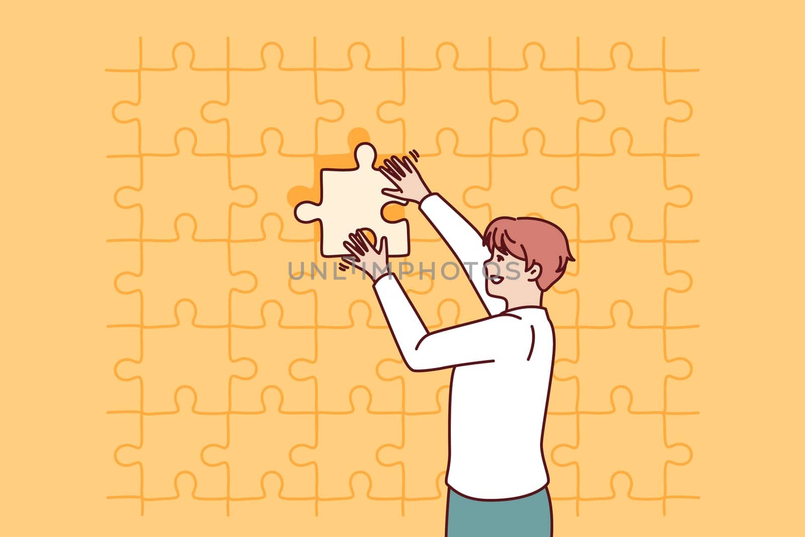 Business man putting last piece of puzzle in free space for problem solving concept. Guy in business clothes is engaged in obtaining new skills and performs complex challenge on instructions manager