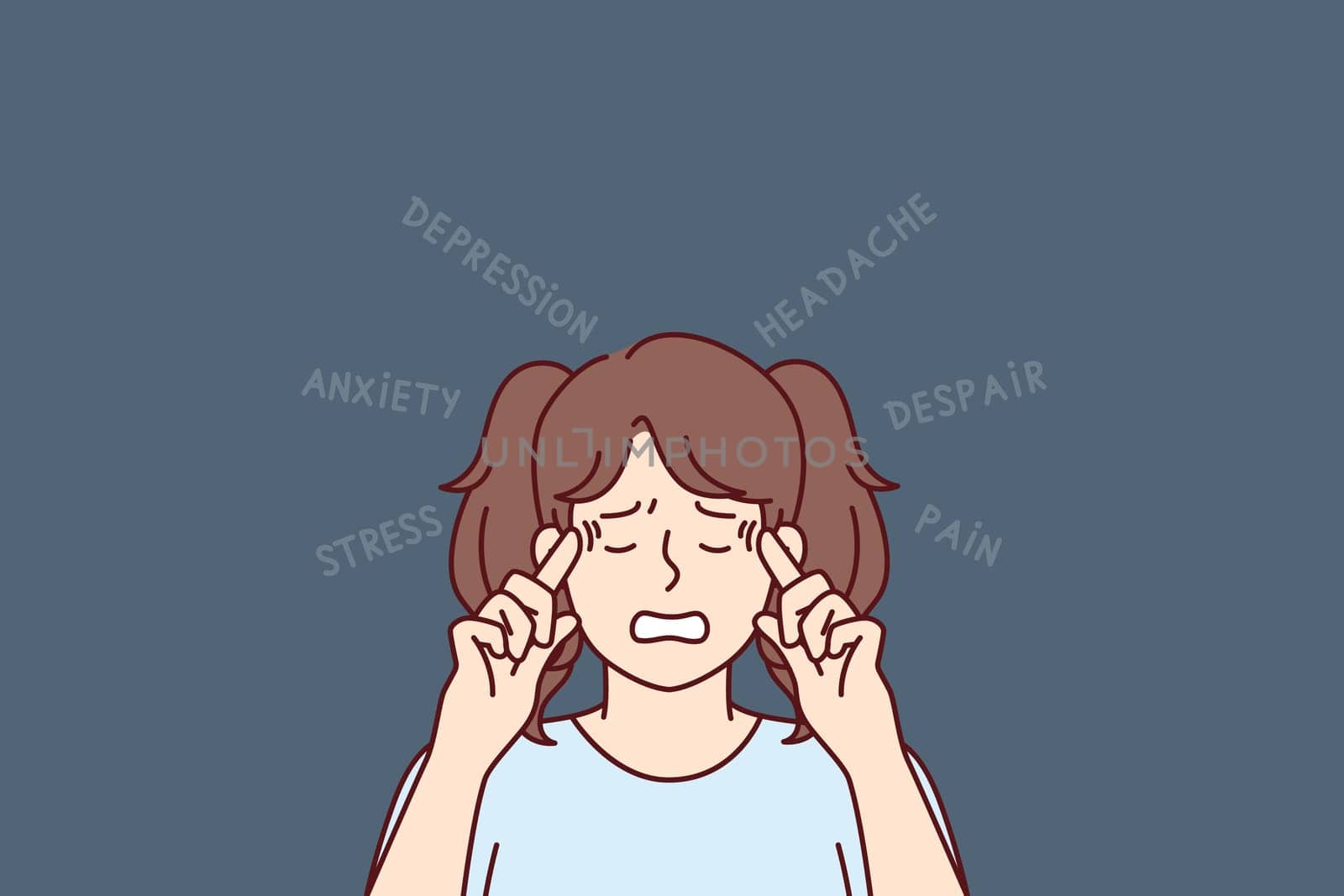 Little upset teen girl suffers from depression and headaches puts fingers to temples. Unhappy teenager schoolgirl needs help of psychologist to treat depression caused by anxiety and despair