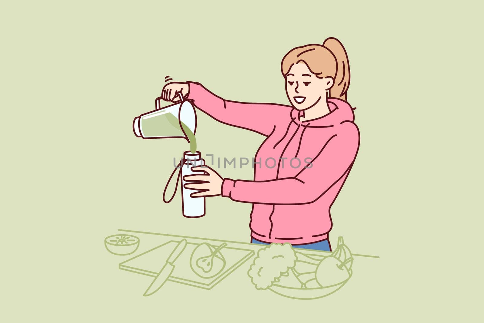 Woman using blender to make vegetable smoothie during detox diet or after morning run. Young vegan or vegetarian girl consumes cocktail of vegetables containing vitamins and nutrients for detox