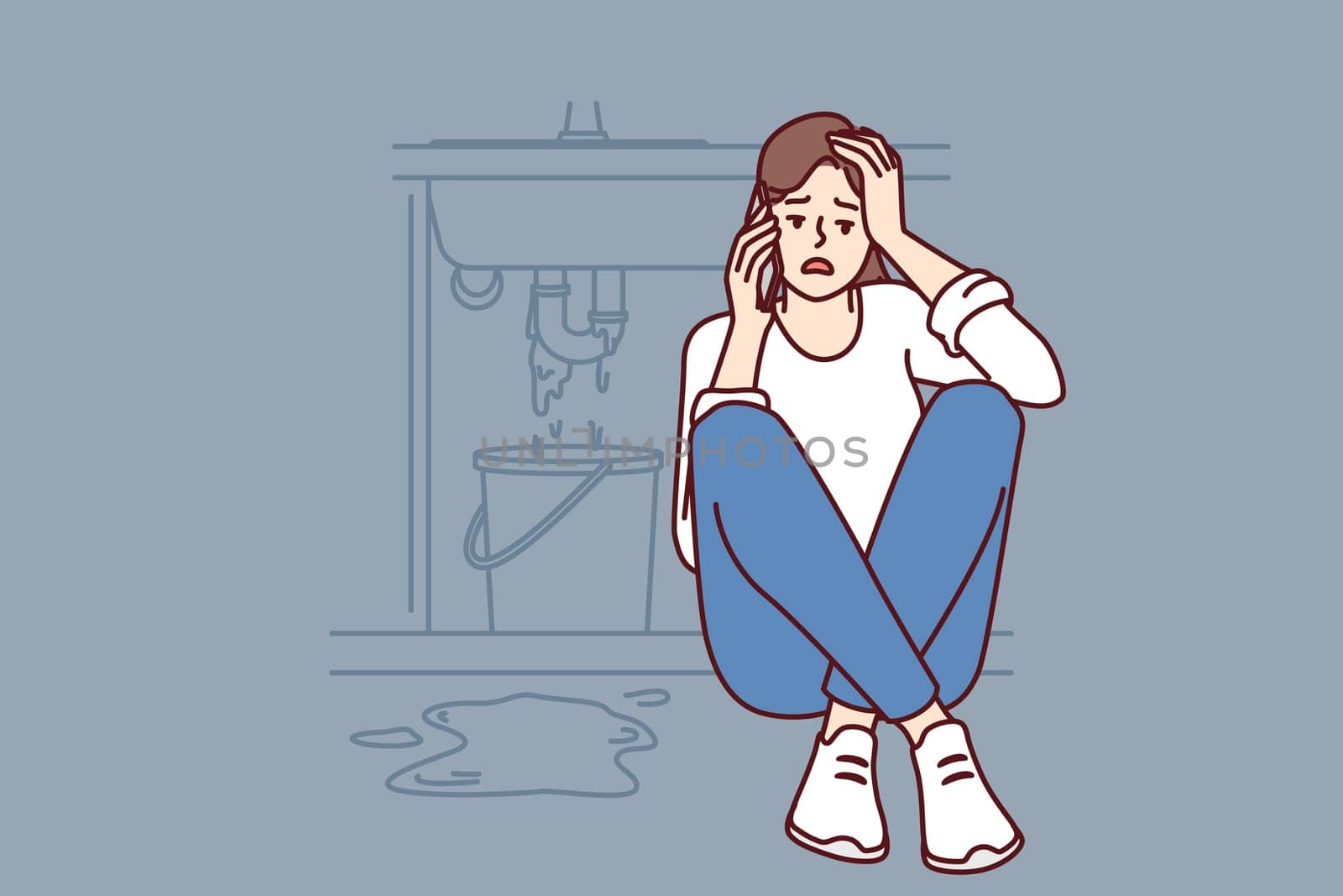 Woman sits near leaking sink making call to plumber to repair broken pipeline. Frightened girl calls sink repairman or emergency service to clean up consequences of flood in bathroom or in kitchen