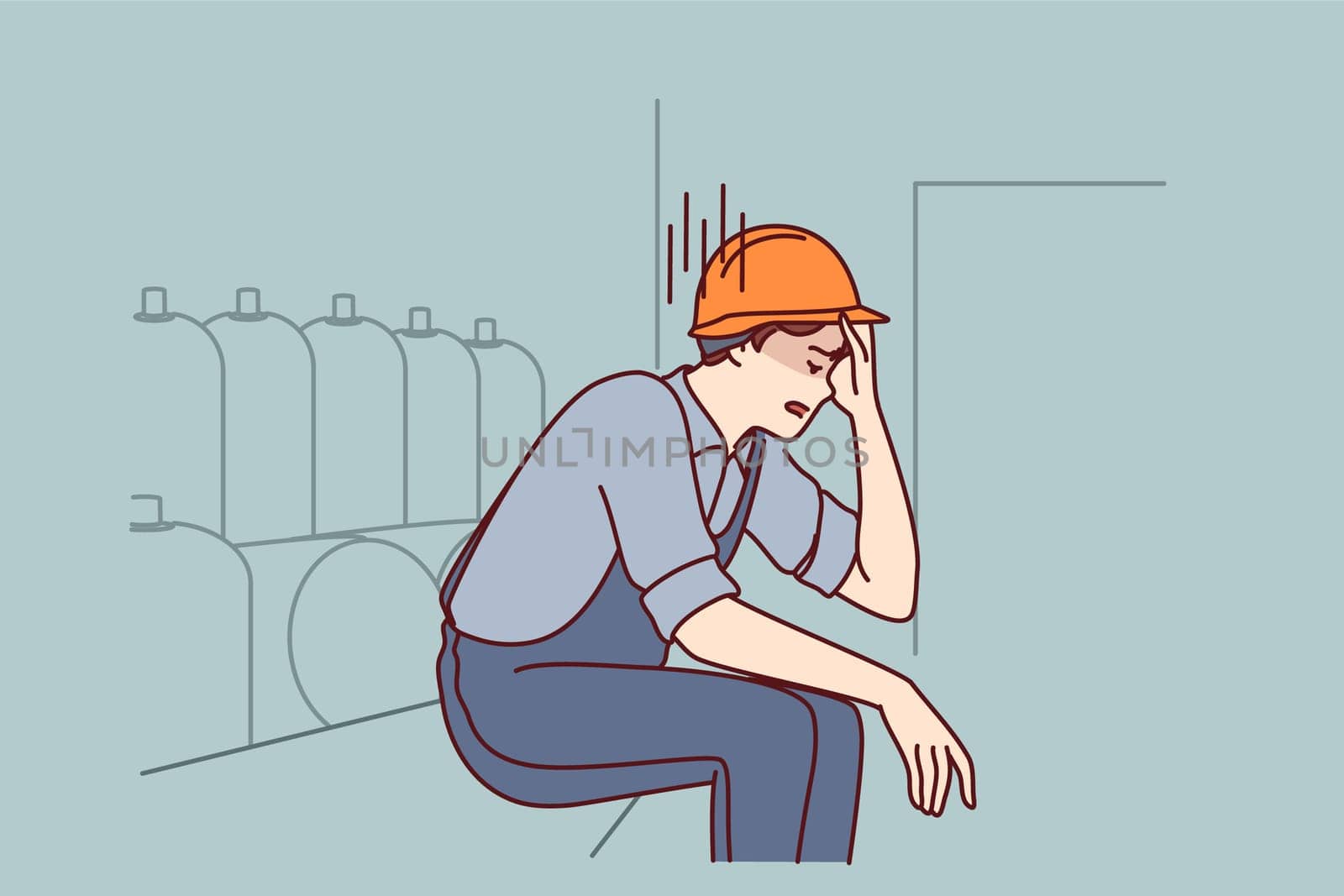 Tired man working in factory sits near production equipment holding head because of nervous job. Nervous factory worker in safety helmet needs psychological support due to poor working conditions